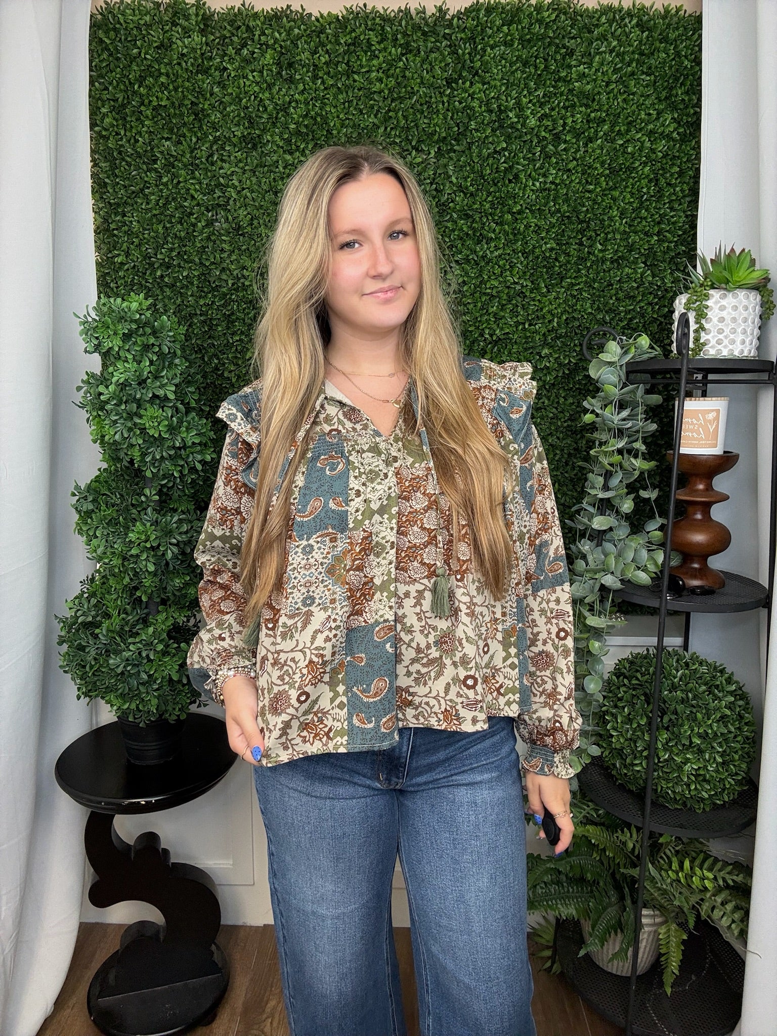 PATCHWORK PRINT SMOCKED RUFFLE BLOUSE - TEAL BLUR MULTI FLORAL