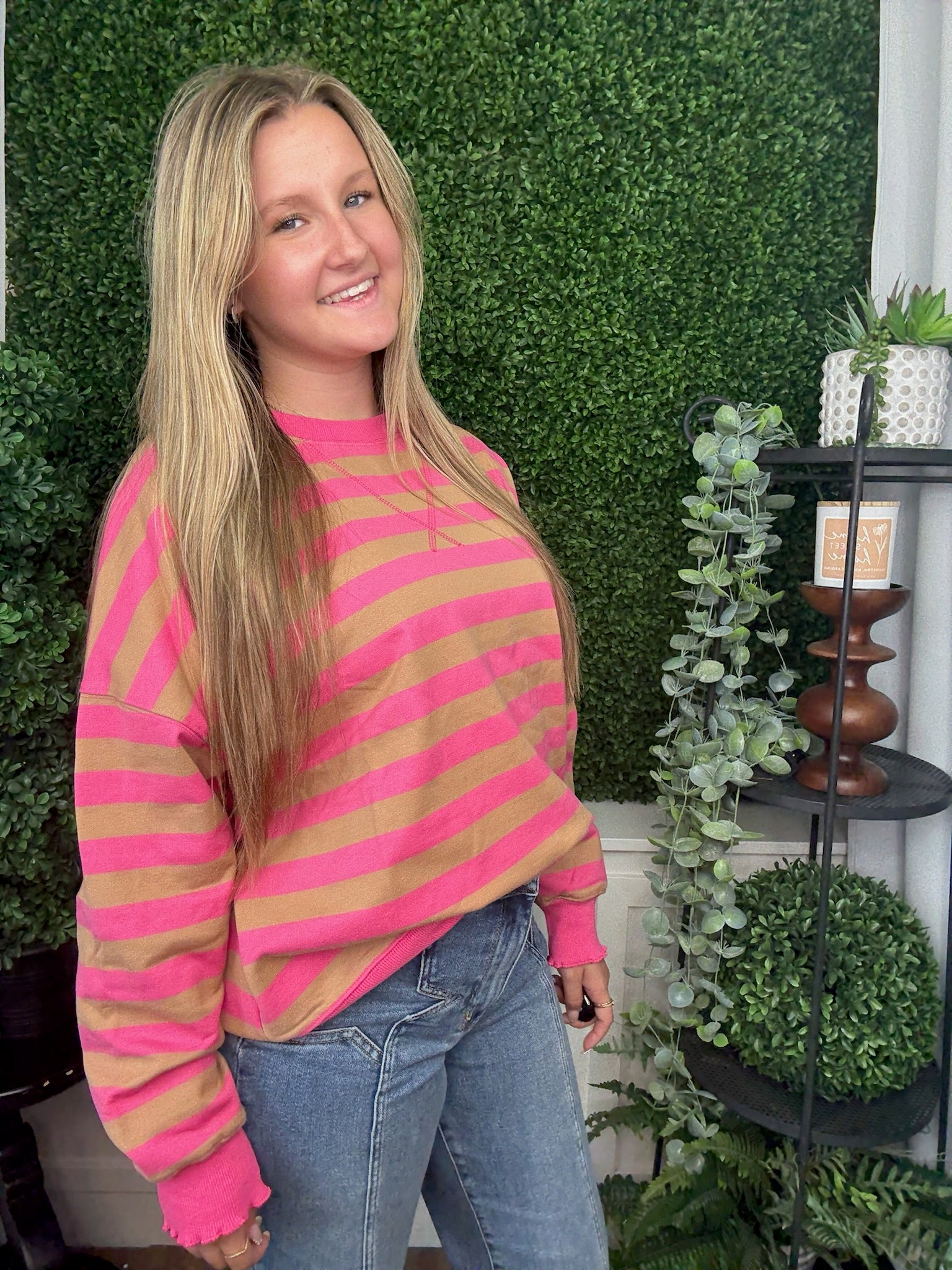 COLOR BLOCK STRIPED LETTUCE HEM DETAIL - PINK/TAUPE