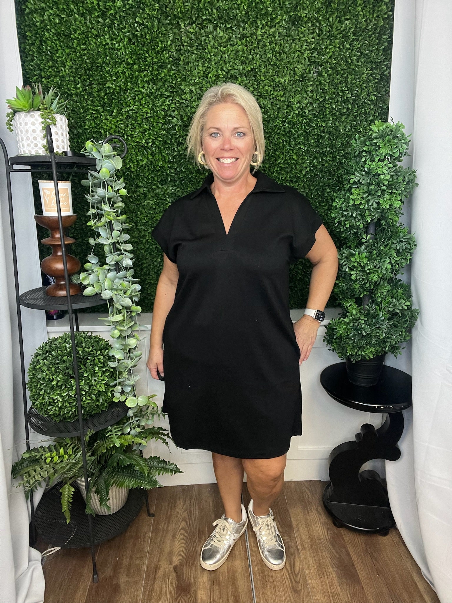 SOLID COLLARED POCKET DRESS - BLACK