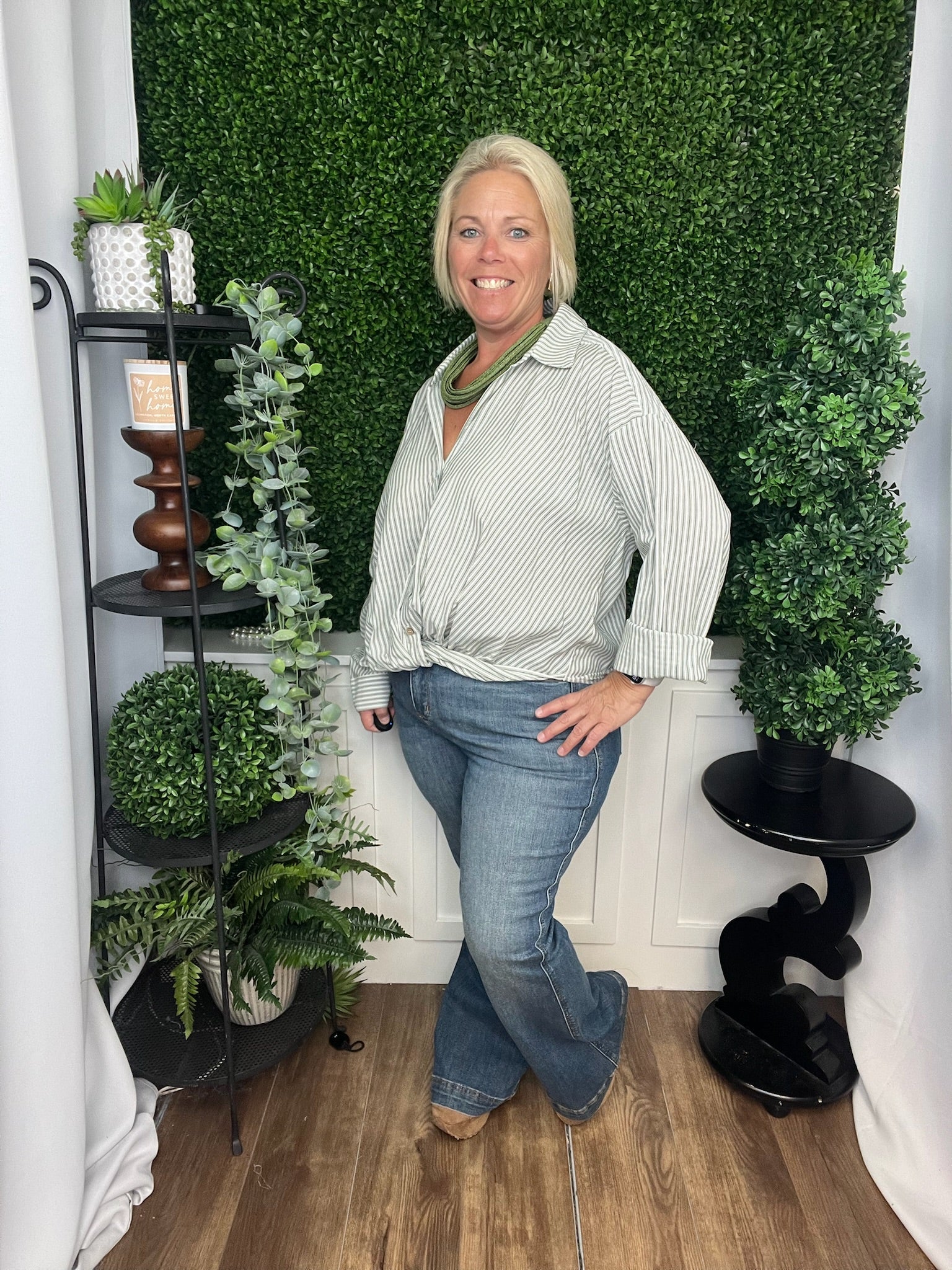 STRIPE TWISTED BUTTON-UP BLOUSE - GREEN/WHITE