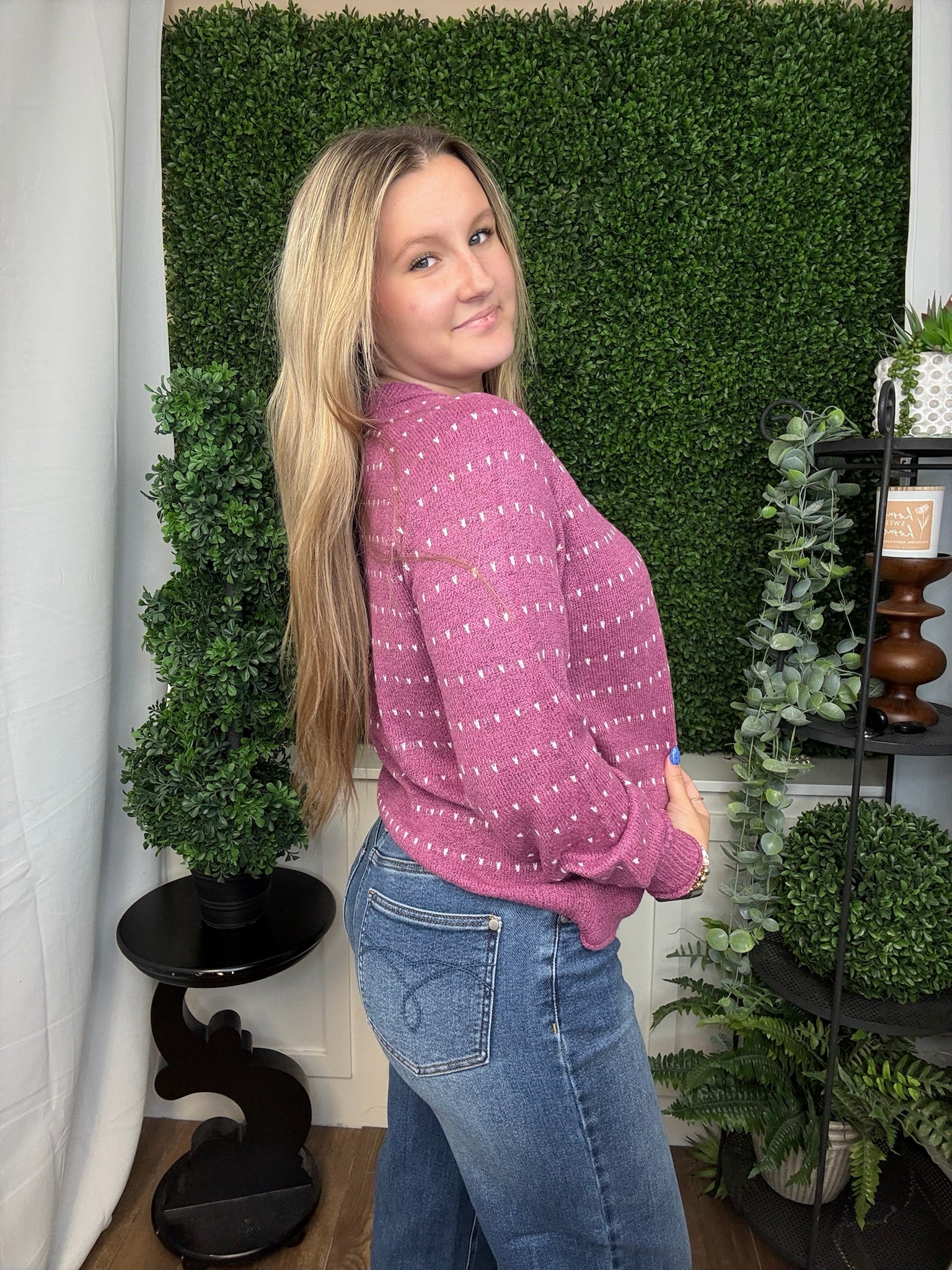 DOTTED STRIPED PULLOVER SWEATER - MAGENTA