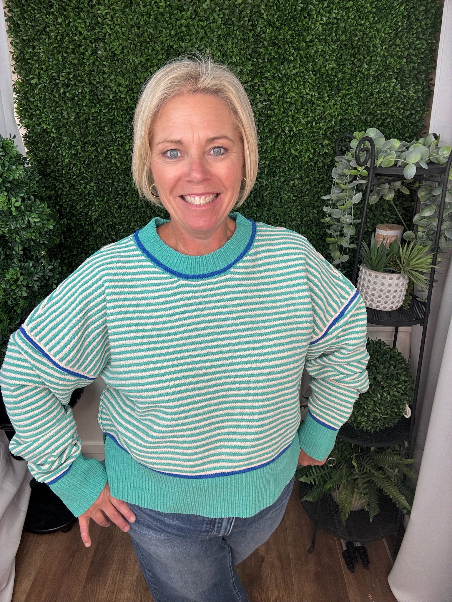 STRIPED CONTRAST TRIM CREW NECK SWEATER - SEA FOAM