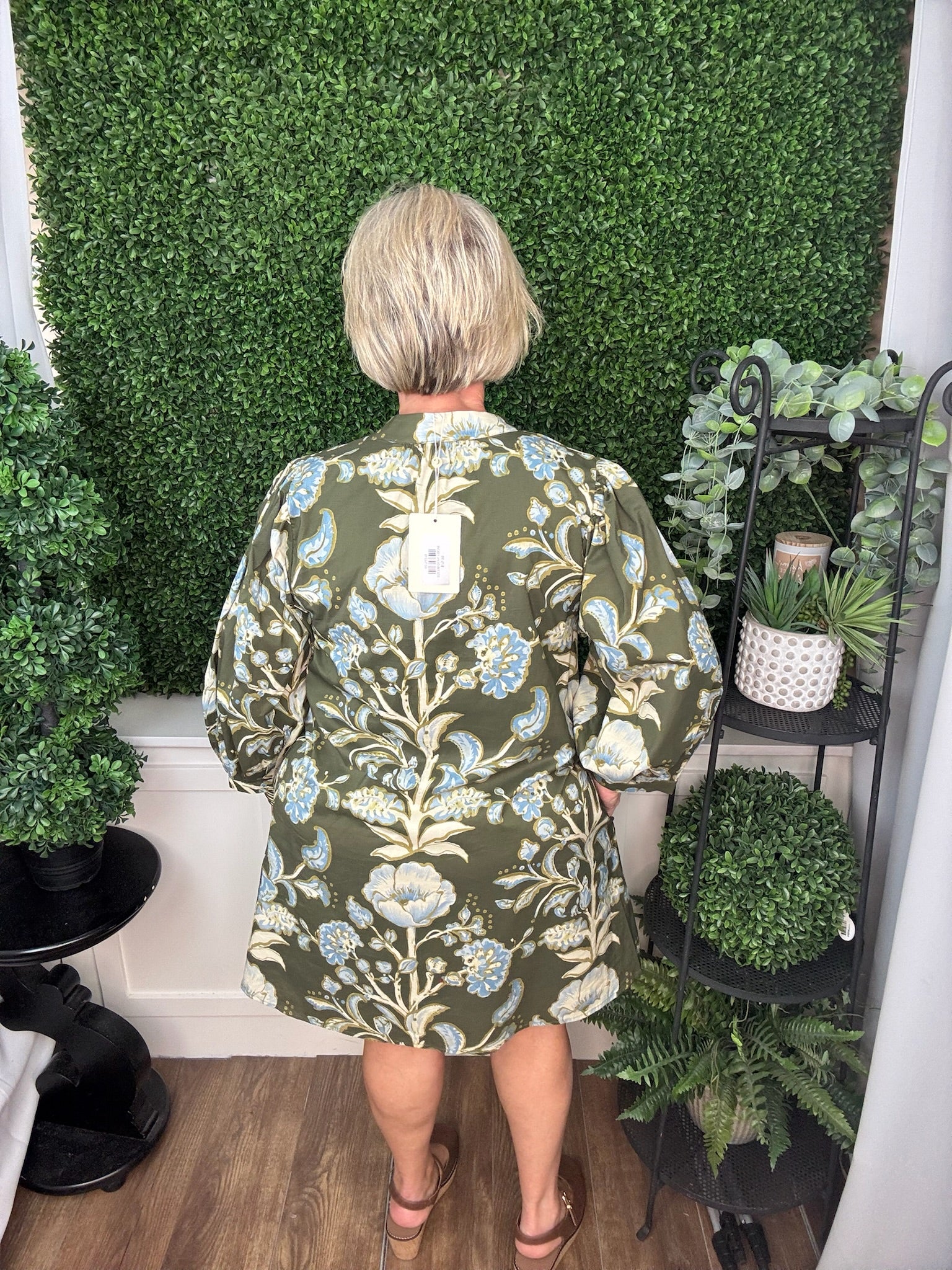 FLORAL PRINT PUFF SLEEVE DRESS - CHOCOLATE/OLIVE