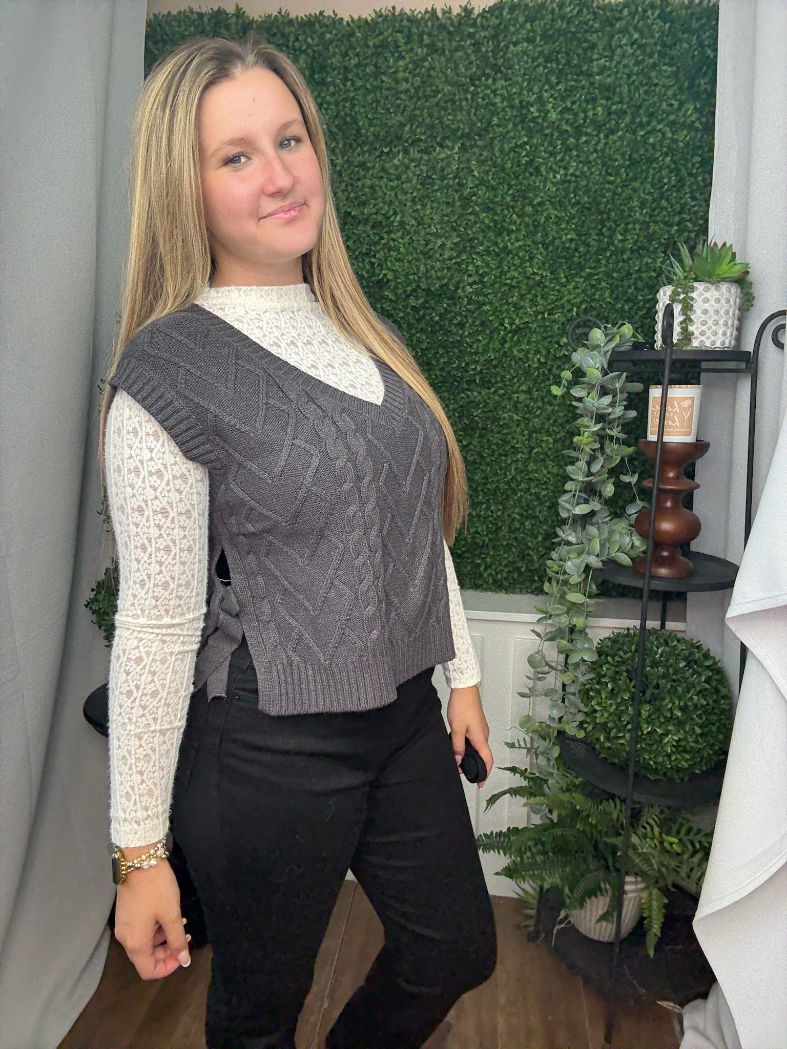 CABLE KNIT VNECK SIDE TIE SWEATER VEST - CHARCOAL