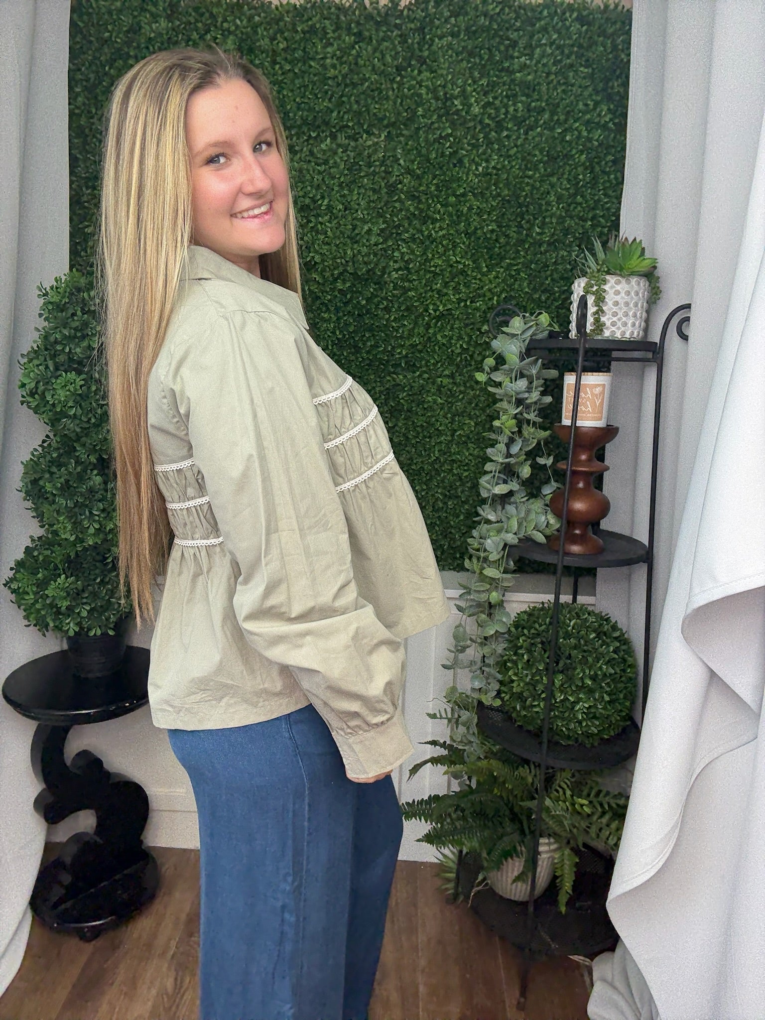 PEPLUM TRIM DETAIL SHIRT - MINT/ECRU