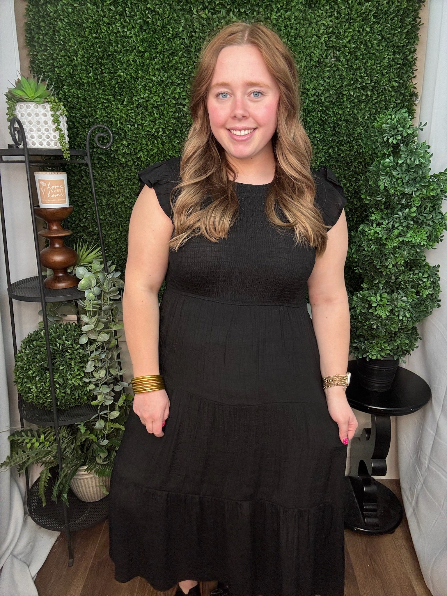 Midnight Smocked Flutter Sleeve Midi Dress