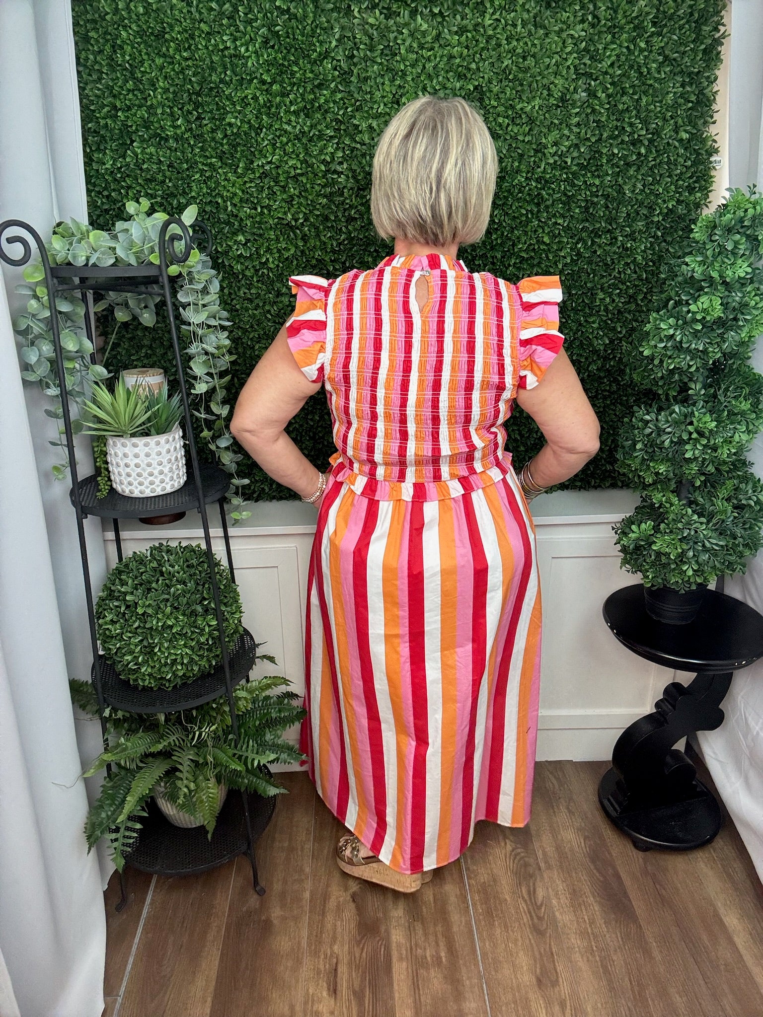 Striped Midi Dress with Ruffle Sleeves and Tie Waist