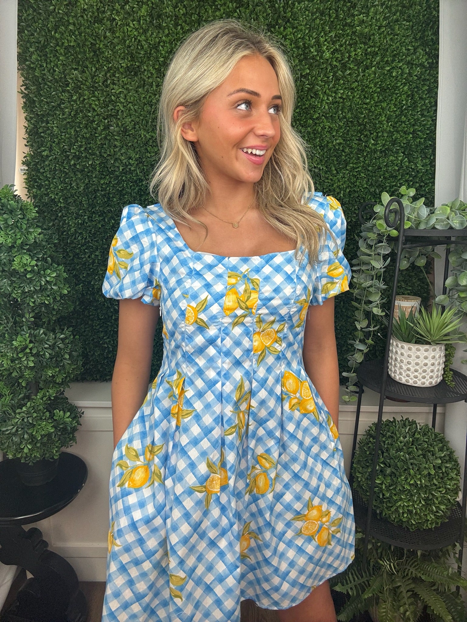 Blue Gingham Lemon Puff Sleeve Dress