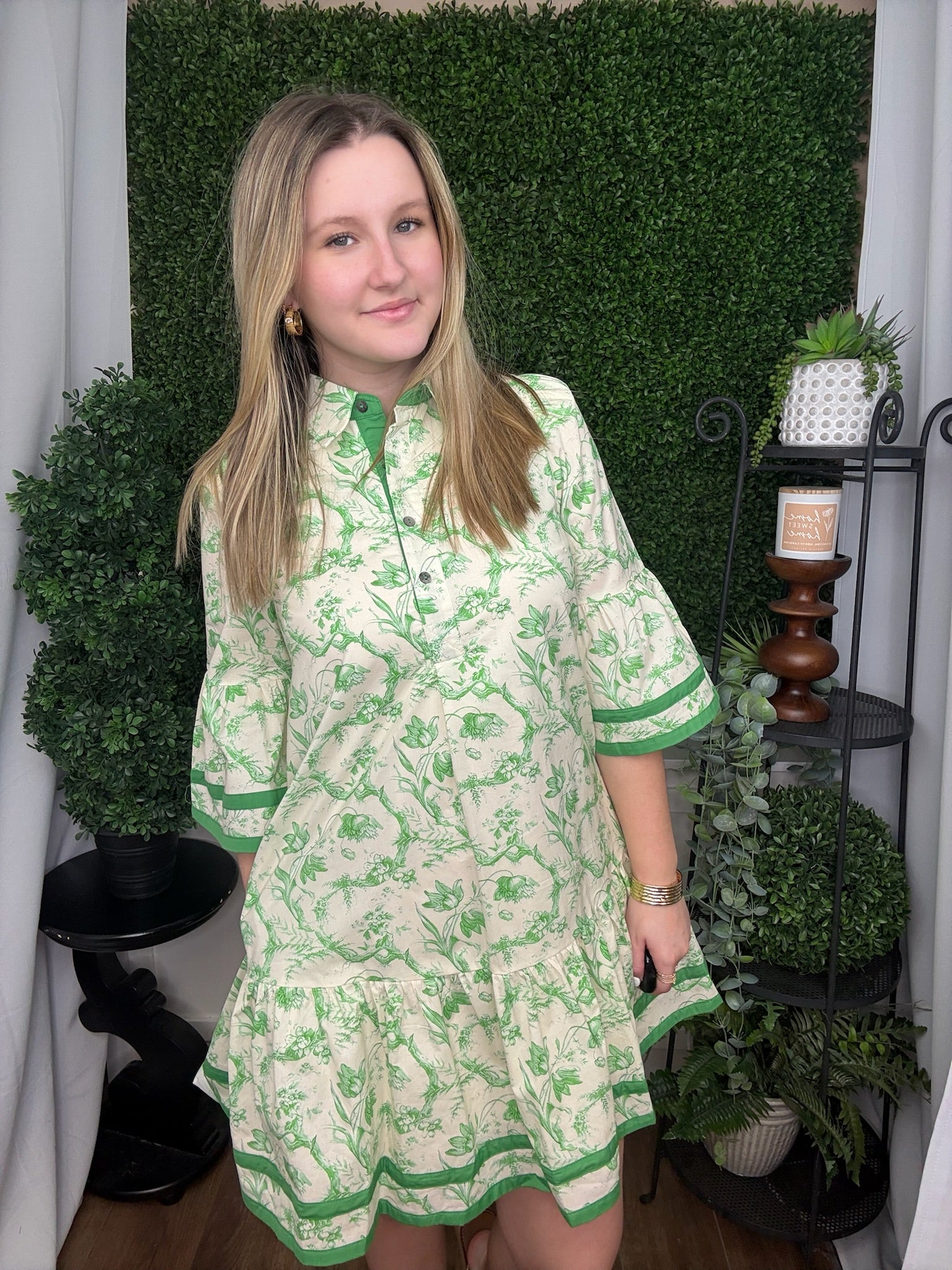Floral dress with green trim