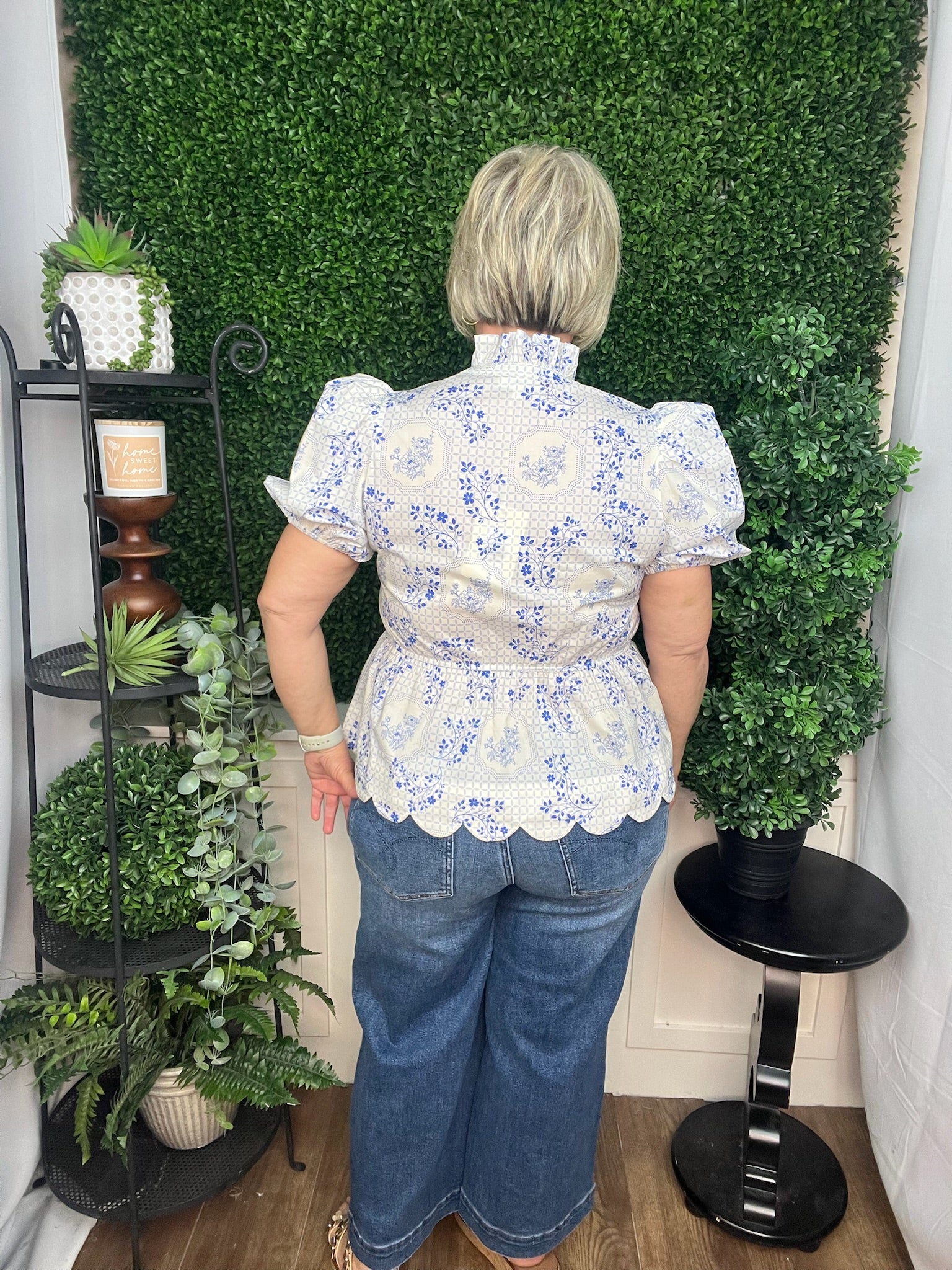 Blue & Ivory Garden Toile Peplum Blouse