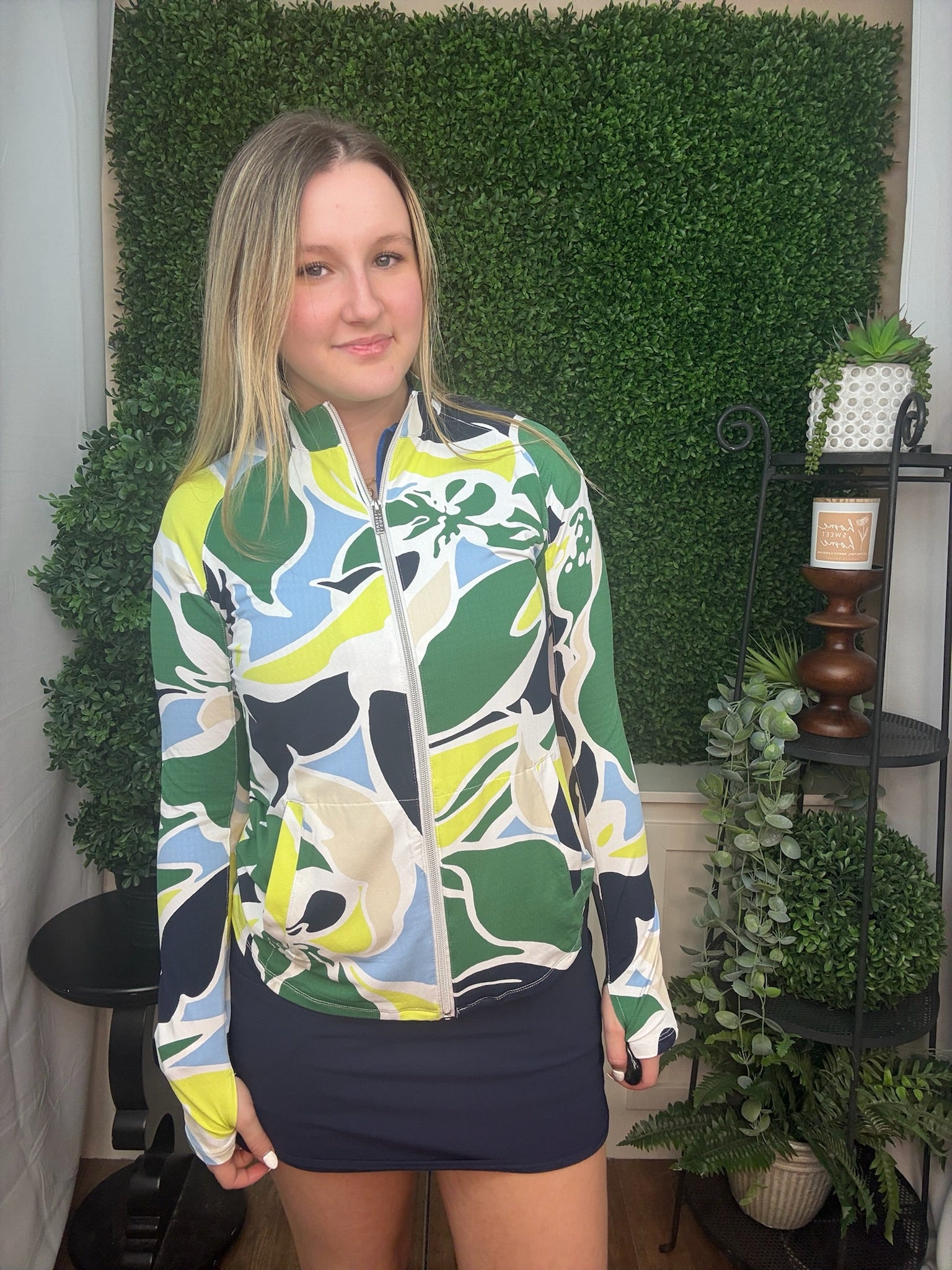 LS MOCK NECK CARDIGAN - FLORAL LIME