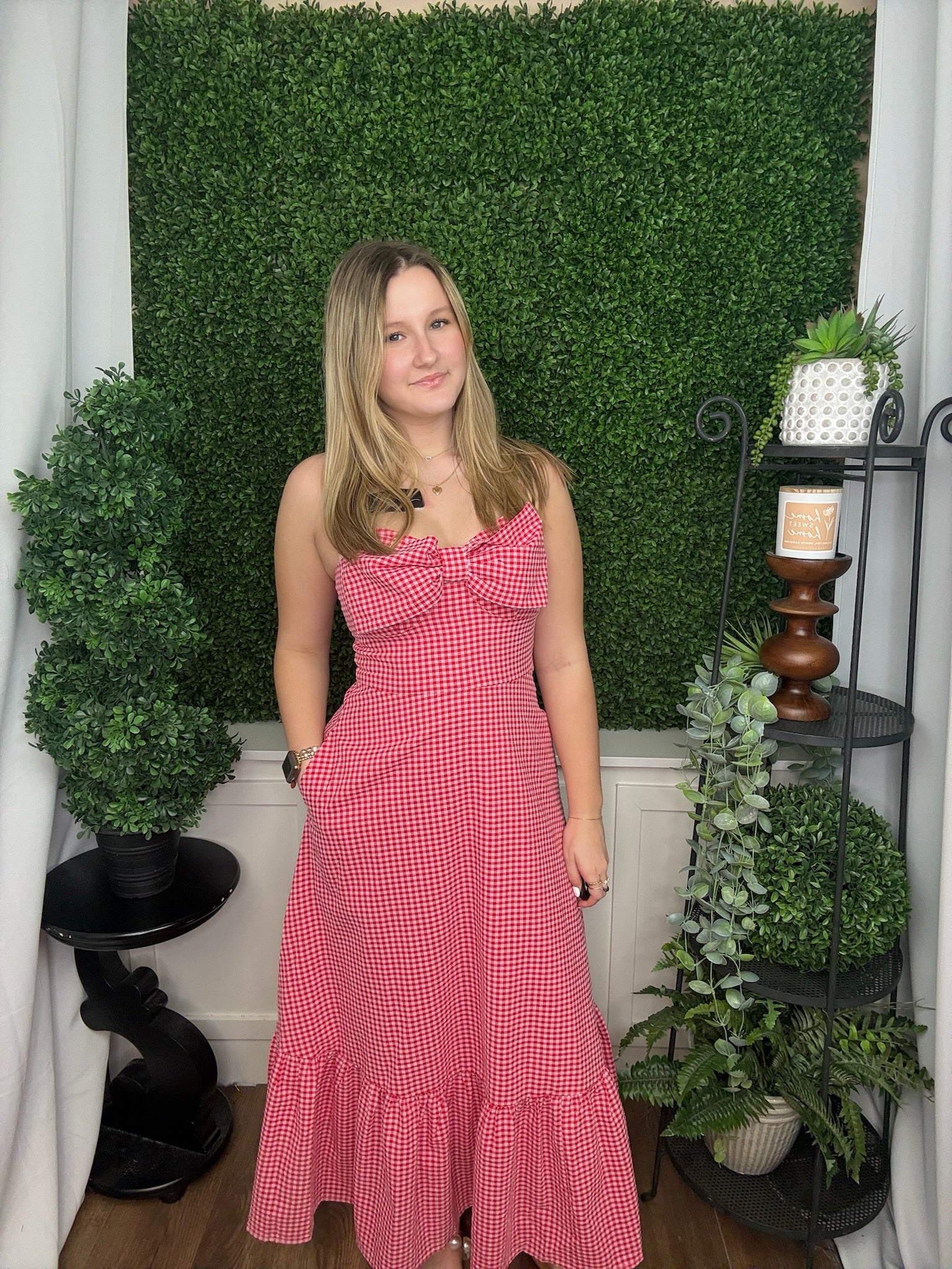 THIN STRAP LARGE BOW GINGHAM MIDI DRESS