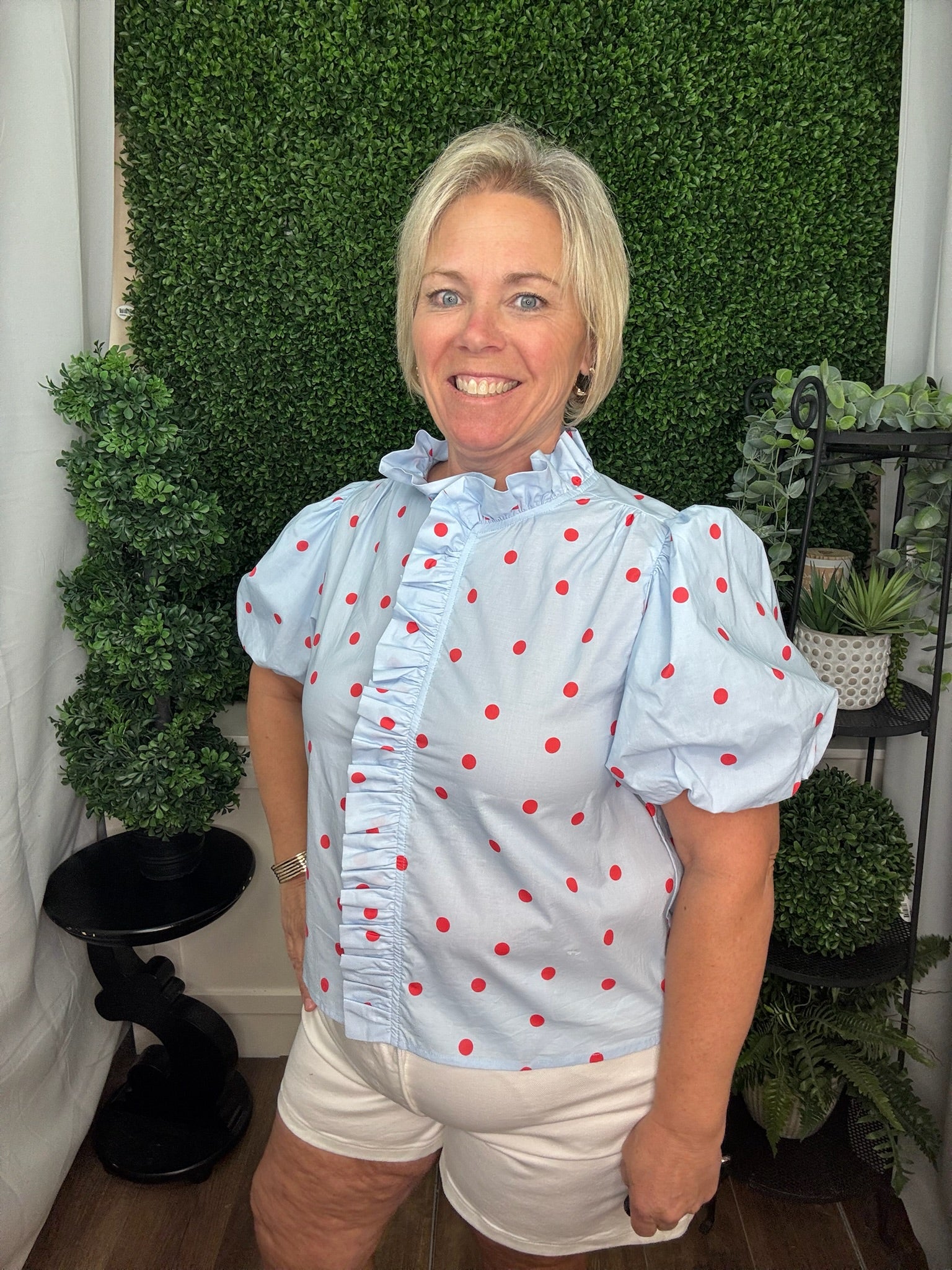Polka Dot Ruffle Front Blouse
