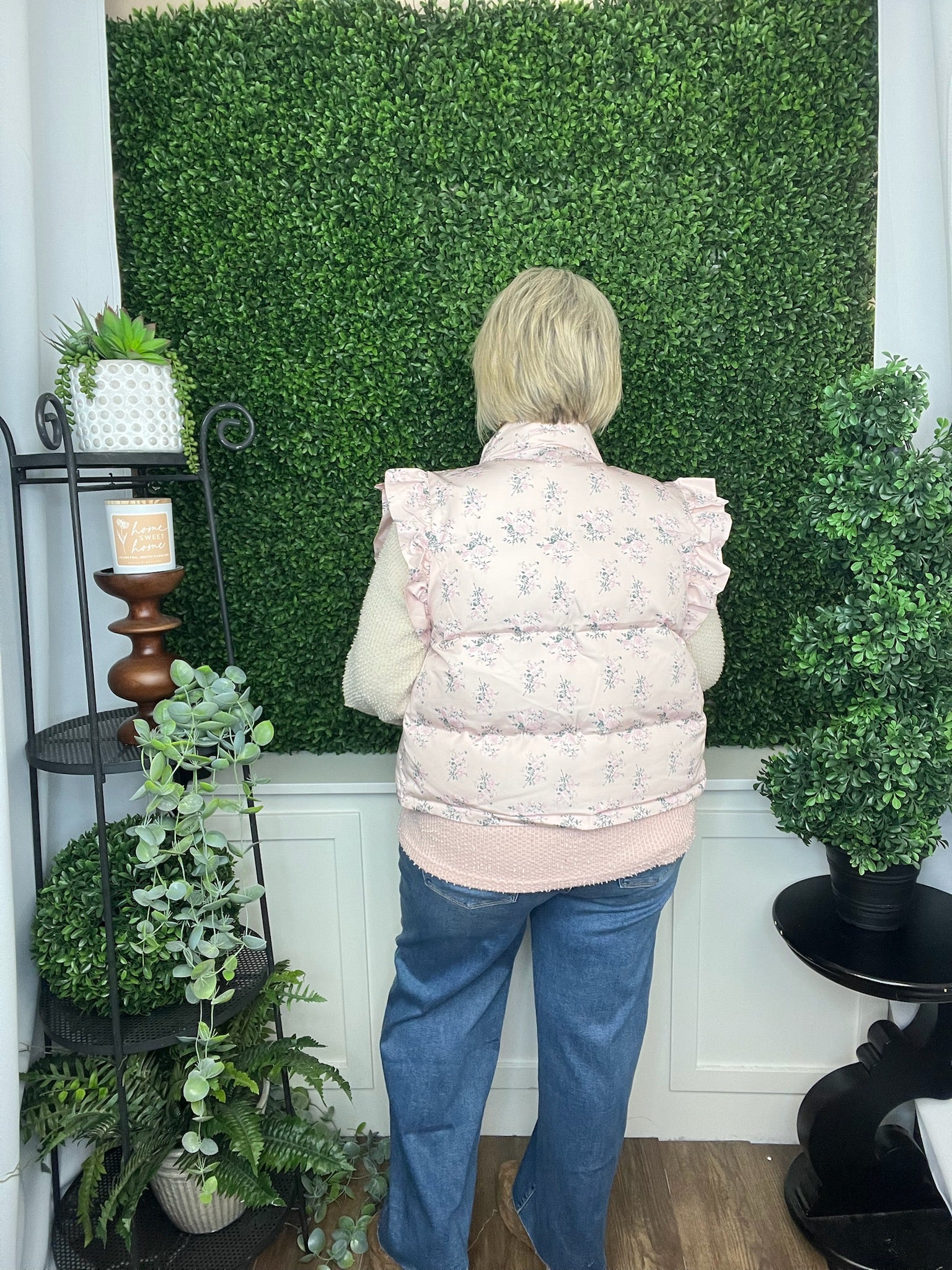 FRONT BOW RUFFLE SLV PUFFER VEST - PINK FLORAL