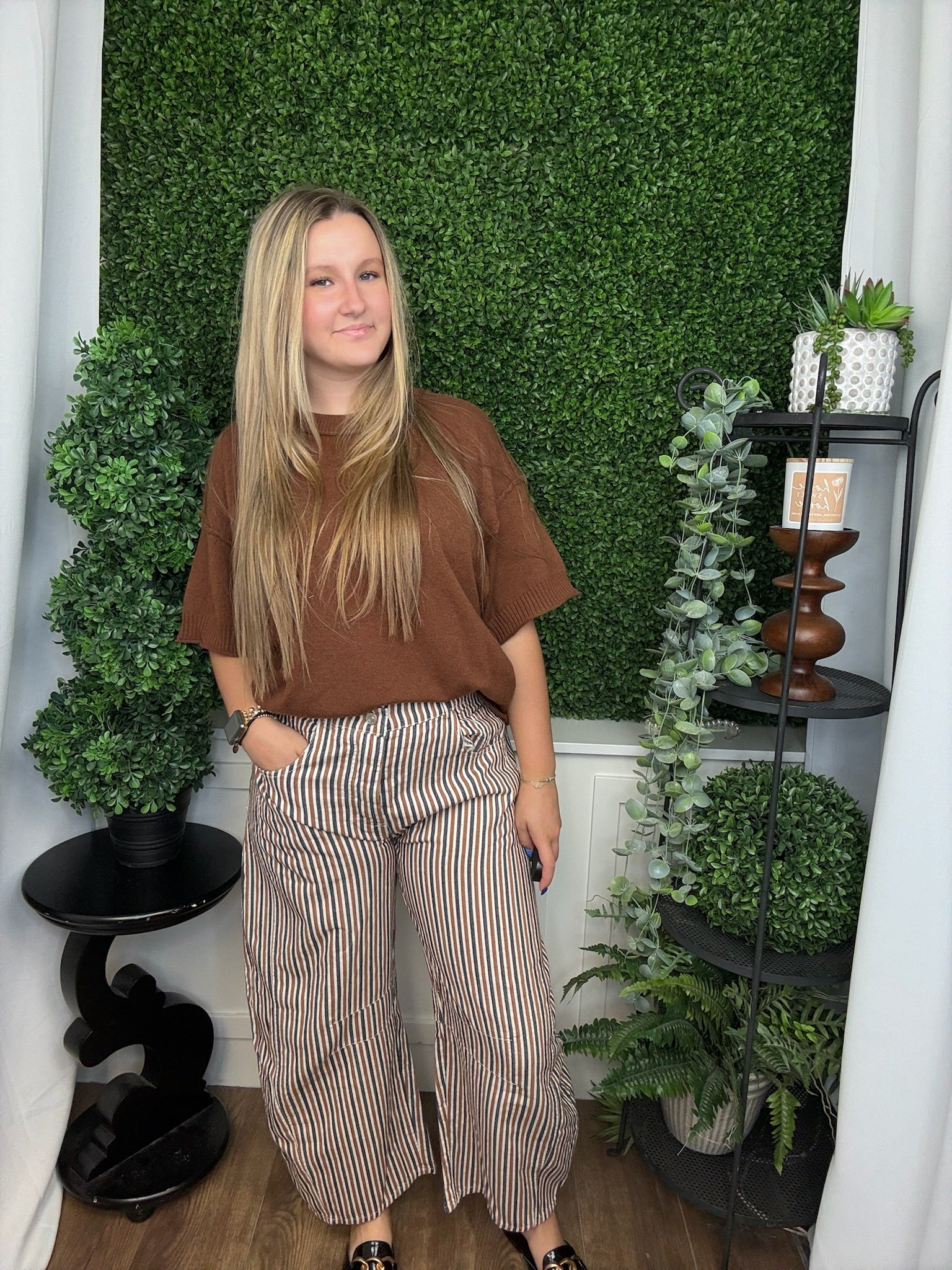 MINERAL WASHED STRIPED BARREL LEG JEANS - BURNT SIENNA