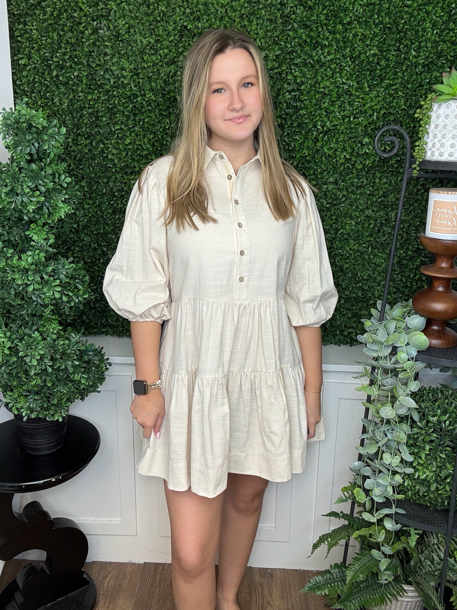 3/4 SLEEVE WOVEN COLLARED TIERED BUTTON DOWN SHIRT DRESS