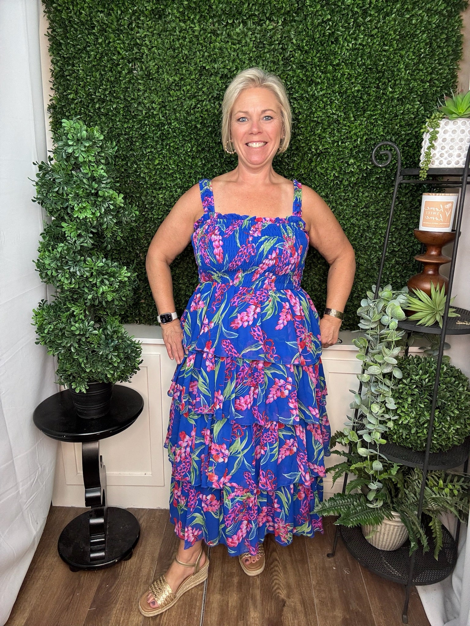 Tropical Bloom Smocked Tiered Midi Dress