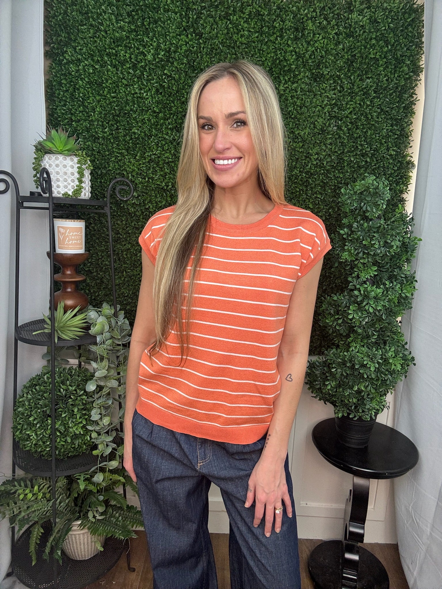 Orange & White Striped Short Sleeve Knit Top