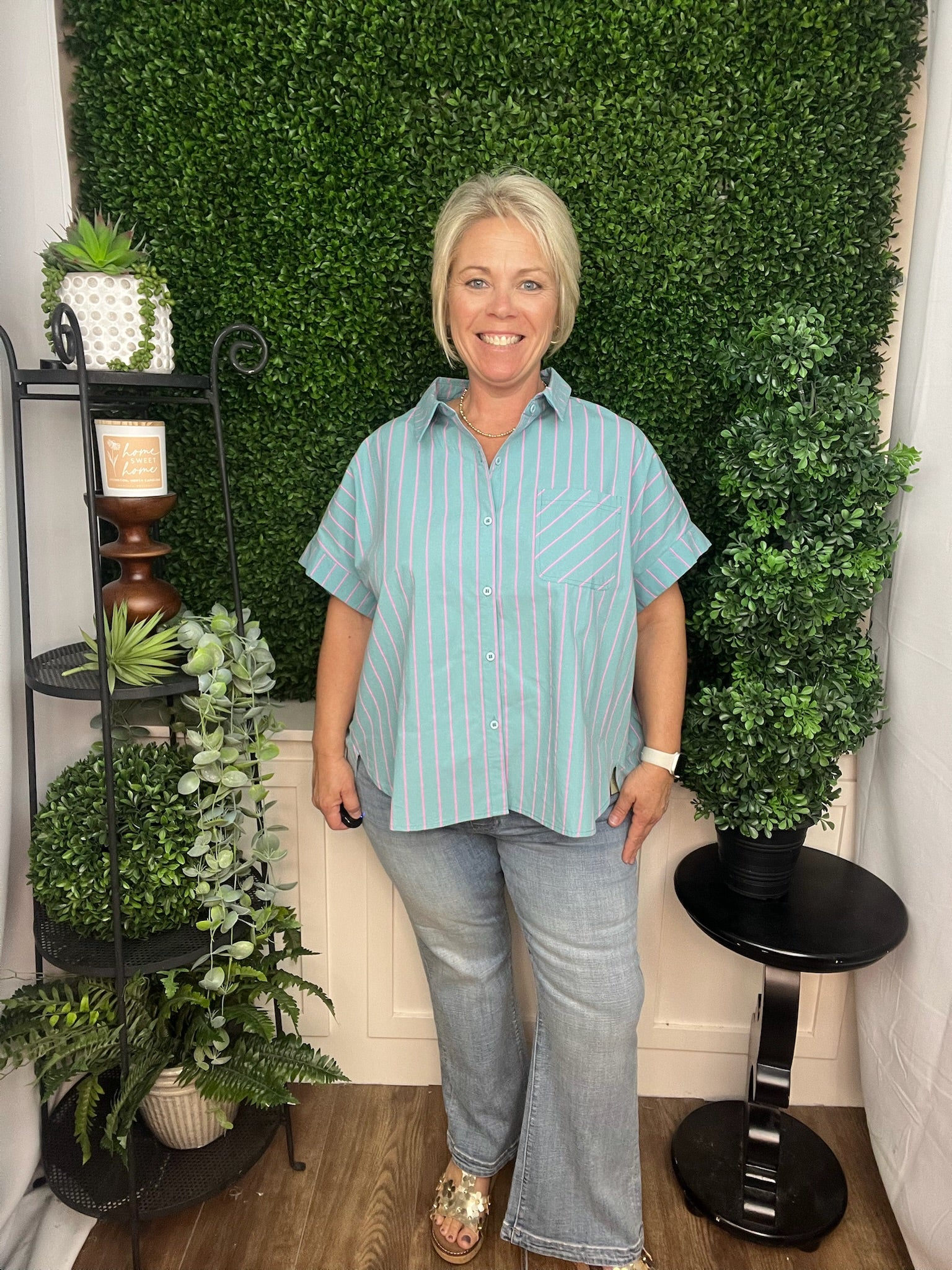 OVERSIZED STRIPED BUTTON DOWN CASUAL SHIRT TOP - MINT