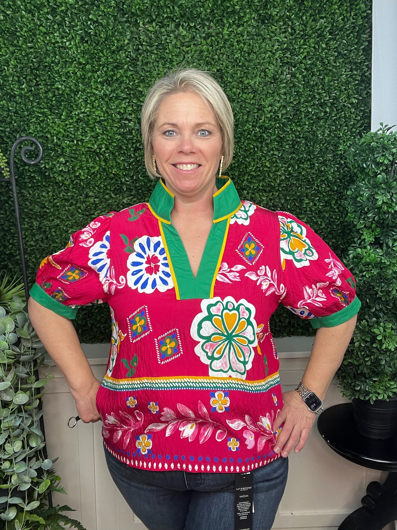 STANDING NECKLINE BOHO FLORAL TOP - FUCHSIA