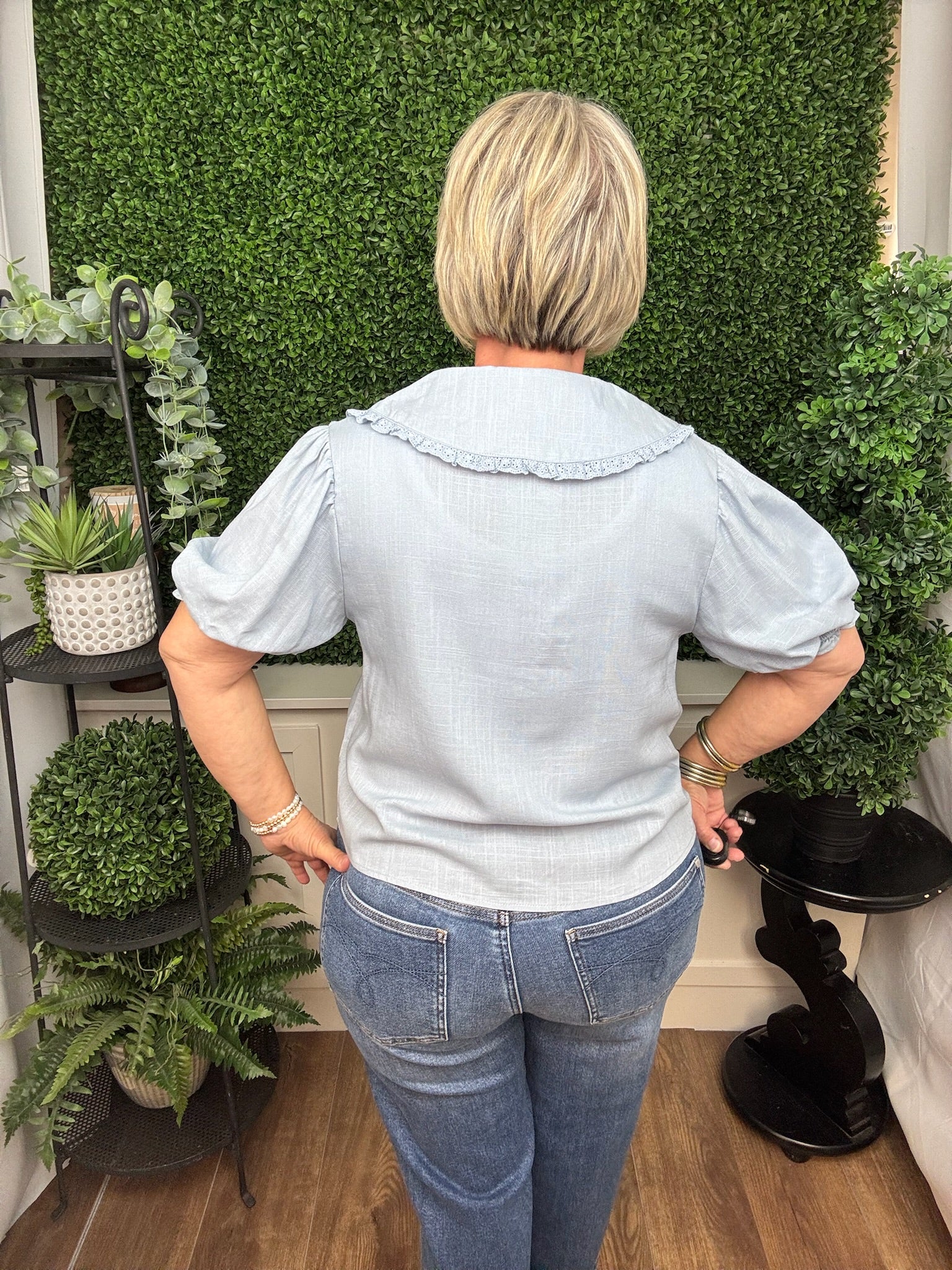 LINEN TIE FRONT LACE TRIM BLOUSE SKY