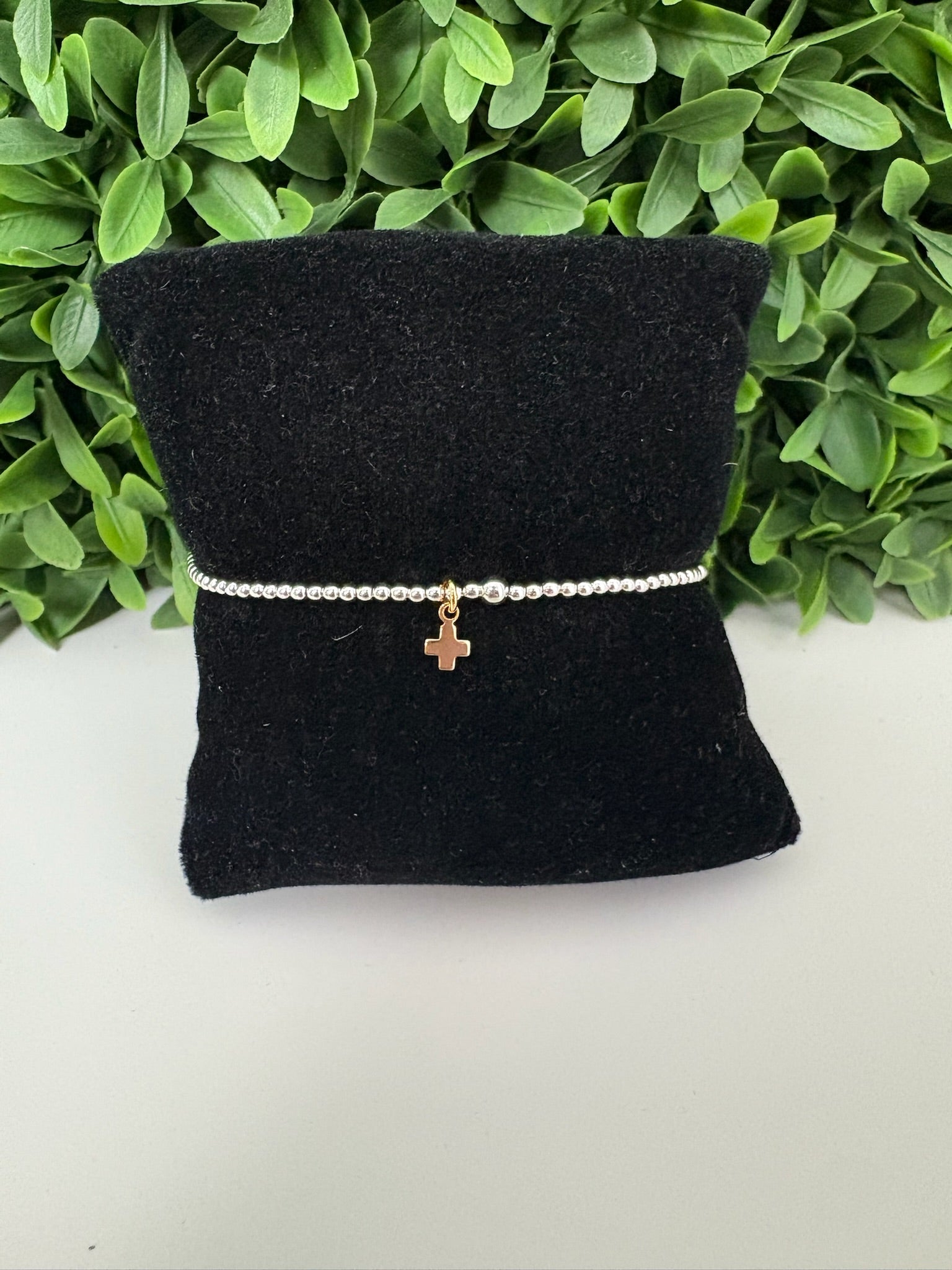 CLASSIC STERLING MIXED METAL 2MM BEAD BRACELET - SIGNATURE CROSS SMALL GOLD CHARM