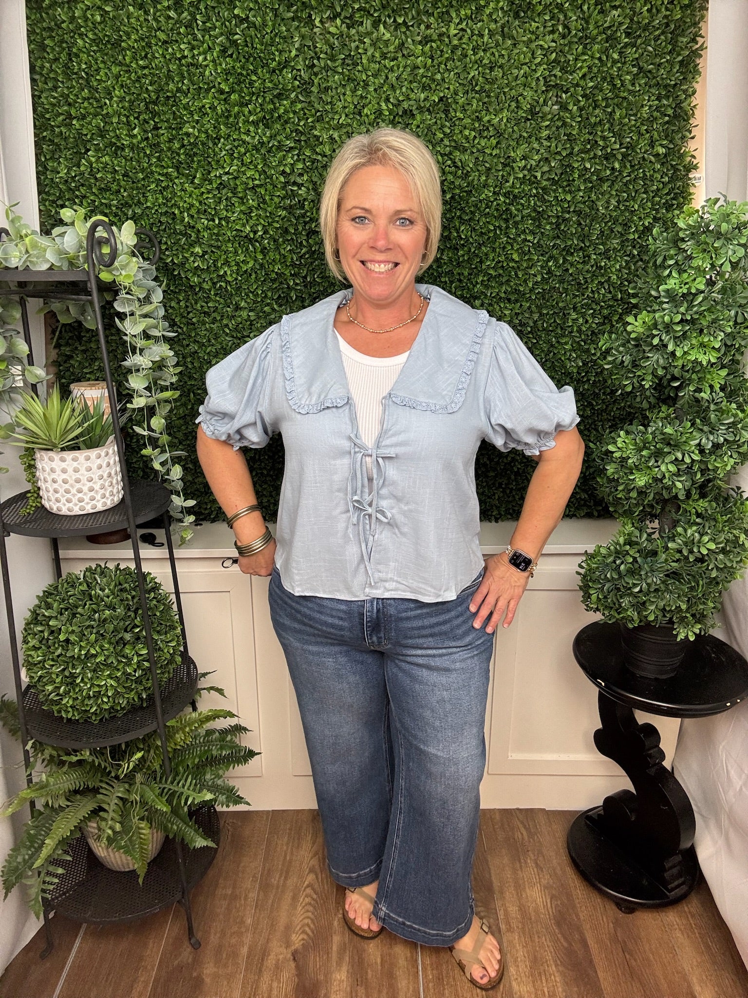 LINEN TIE FRONT LACE TRIM BLOUSE SKY