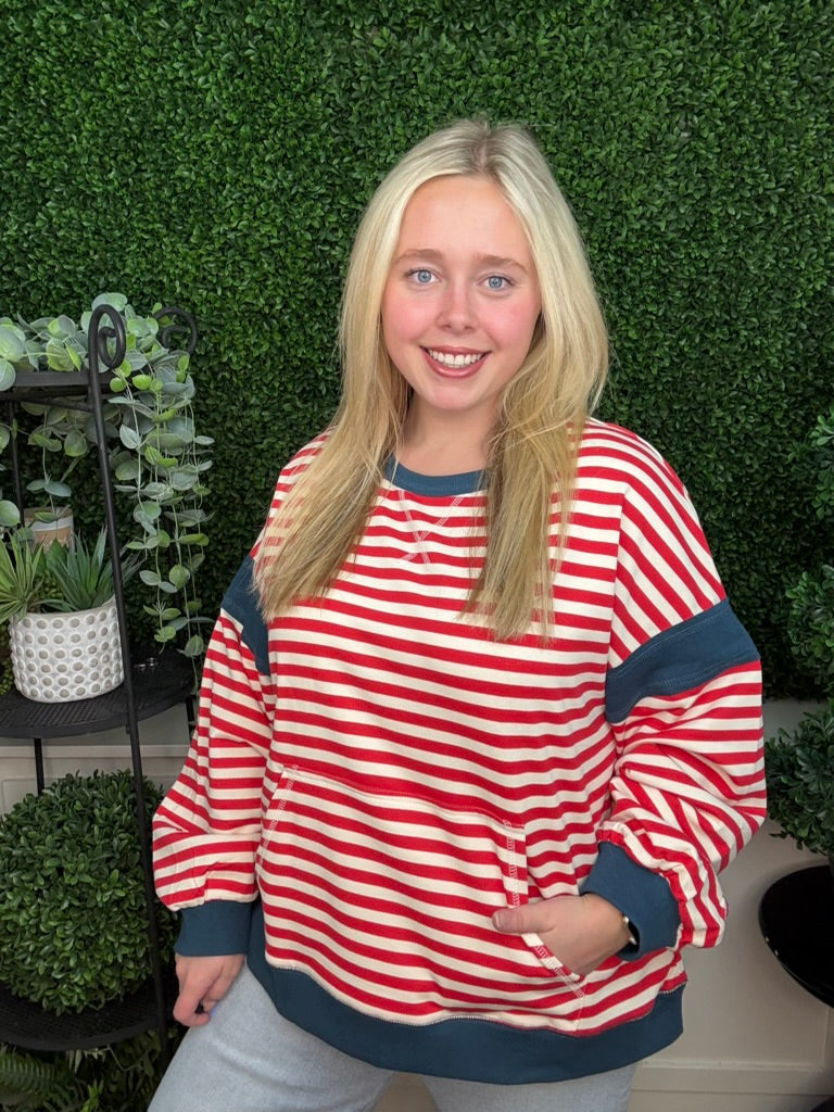 STRIPED COLOR BLOCK POCKET SWEATSHIRT - RED CREAM/ PINK LAVENDER/ ROYAL BLUE OAT