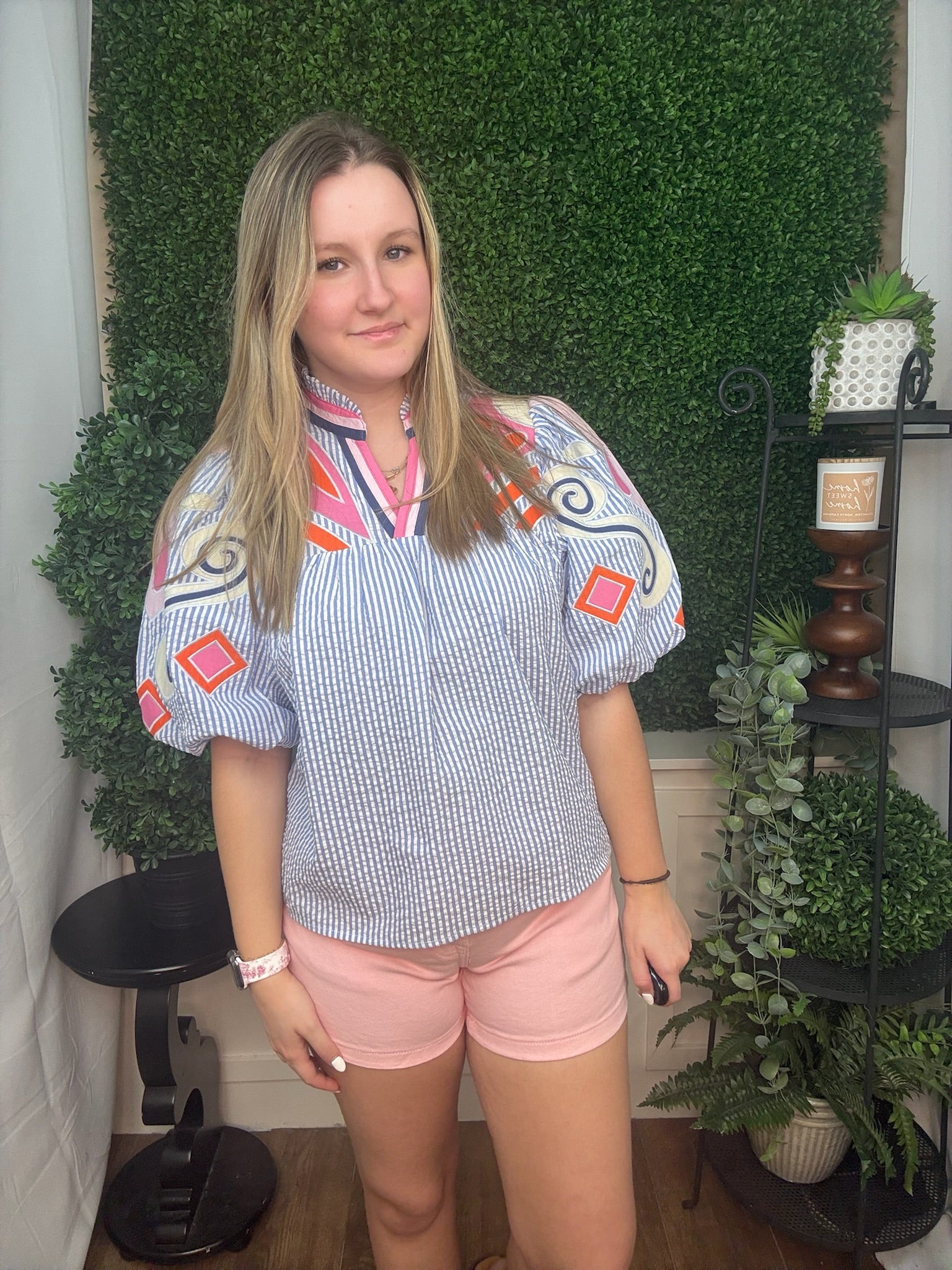 PUFF SLEEVE EMBROIDERY TEXTURED TOP - BLUE