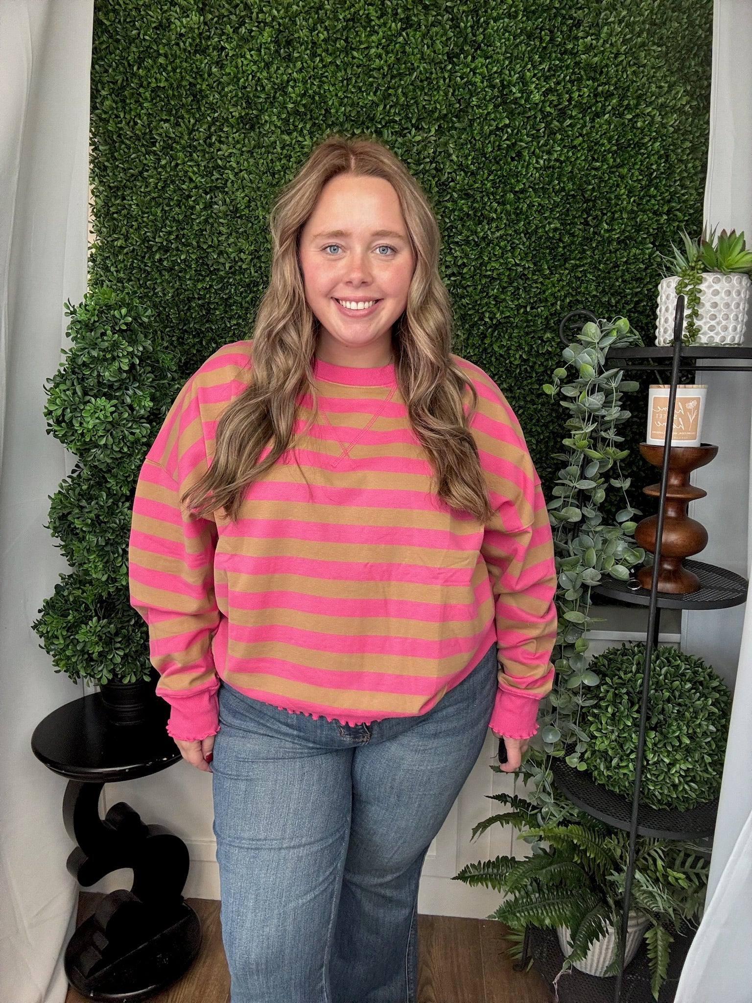 COLOR BLOCK STRIPED LETTUCE HEM DETAIL - PINK/TAUPE