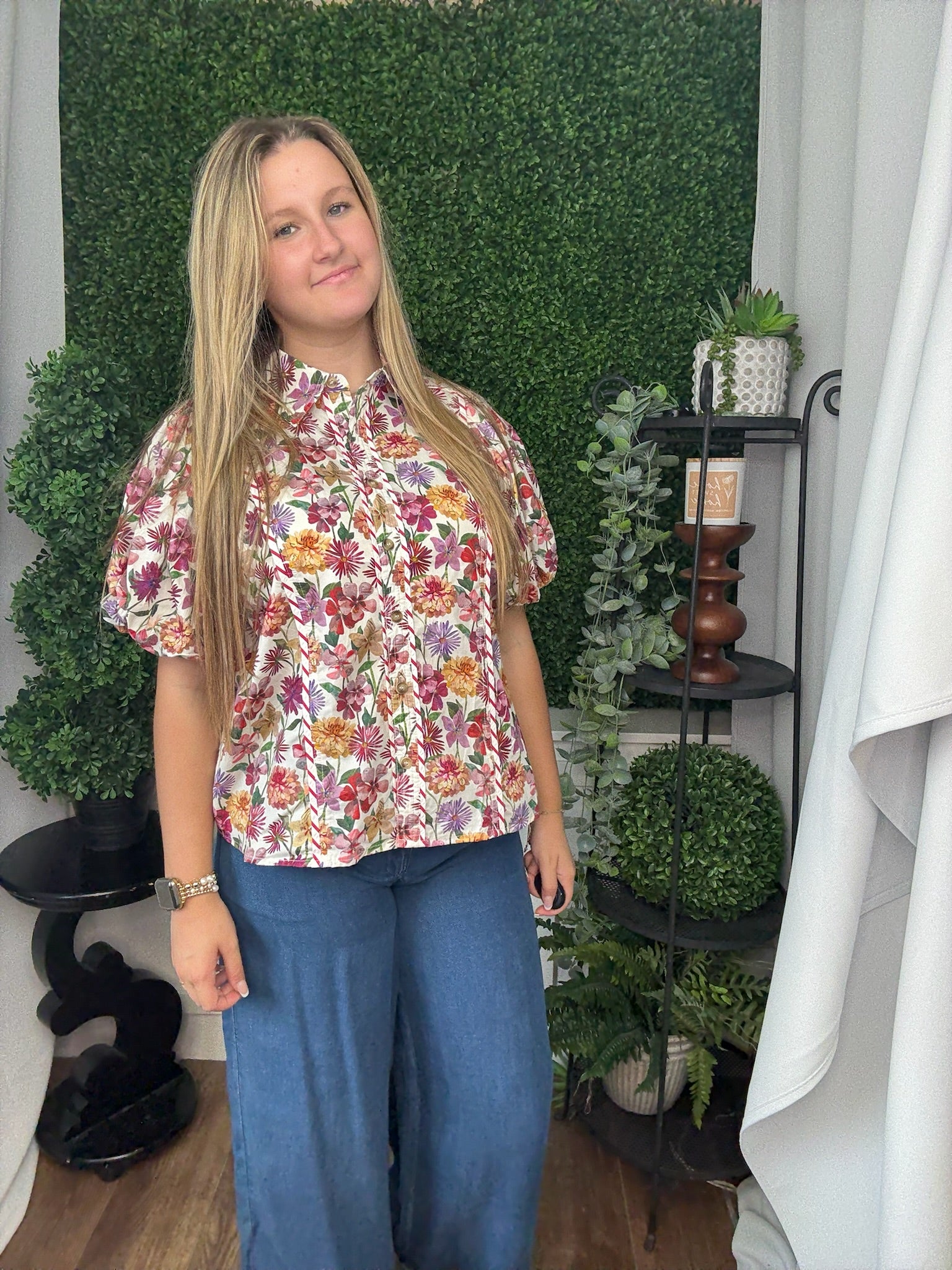 FLORAL PRINT PUFF SLEEVE TOP - PLUM