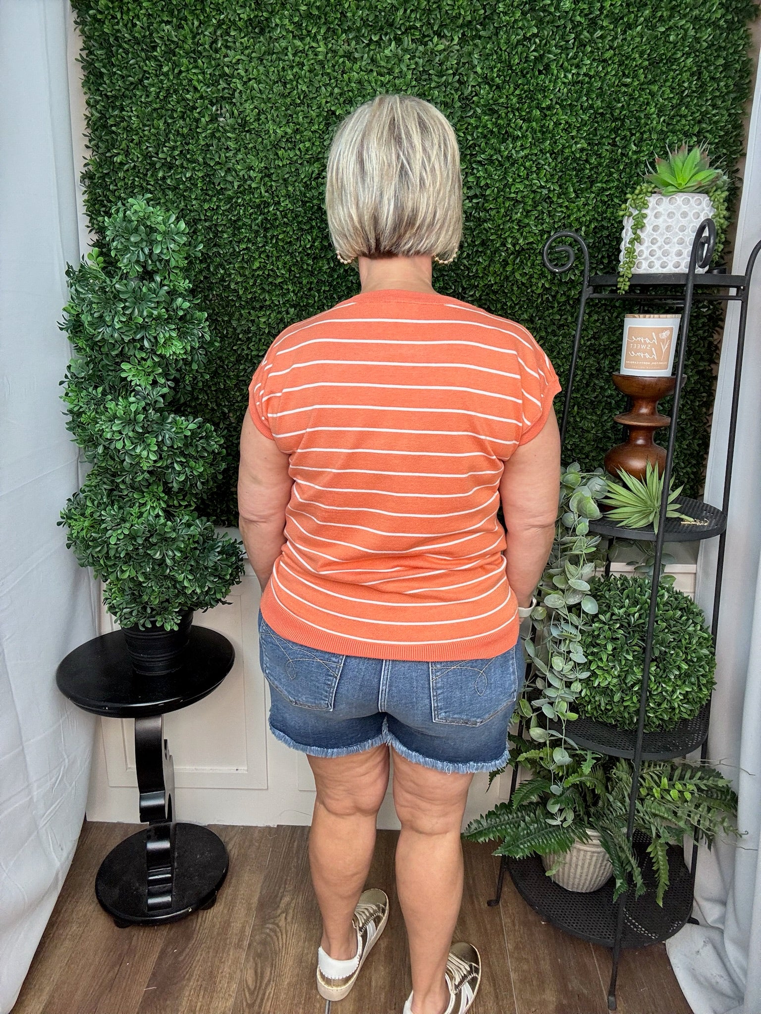 Orange & White Striped Short Sleeve Knit Top