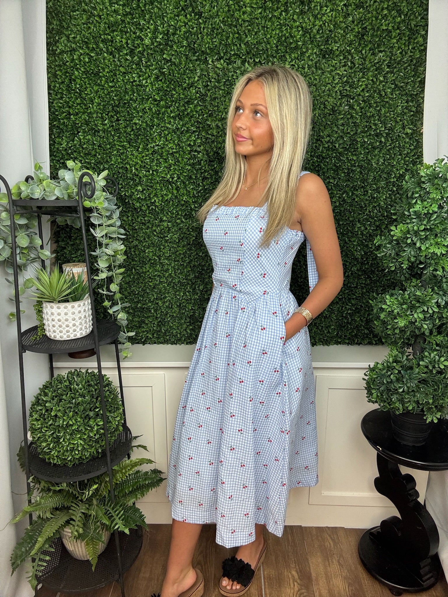 Blue Gingham Cherry Midi Dress