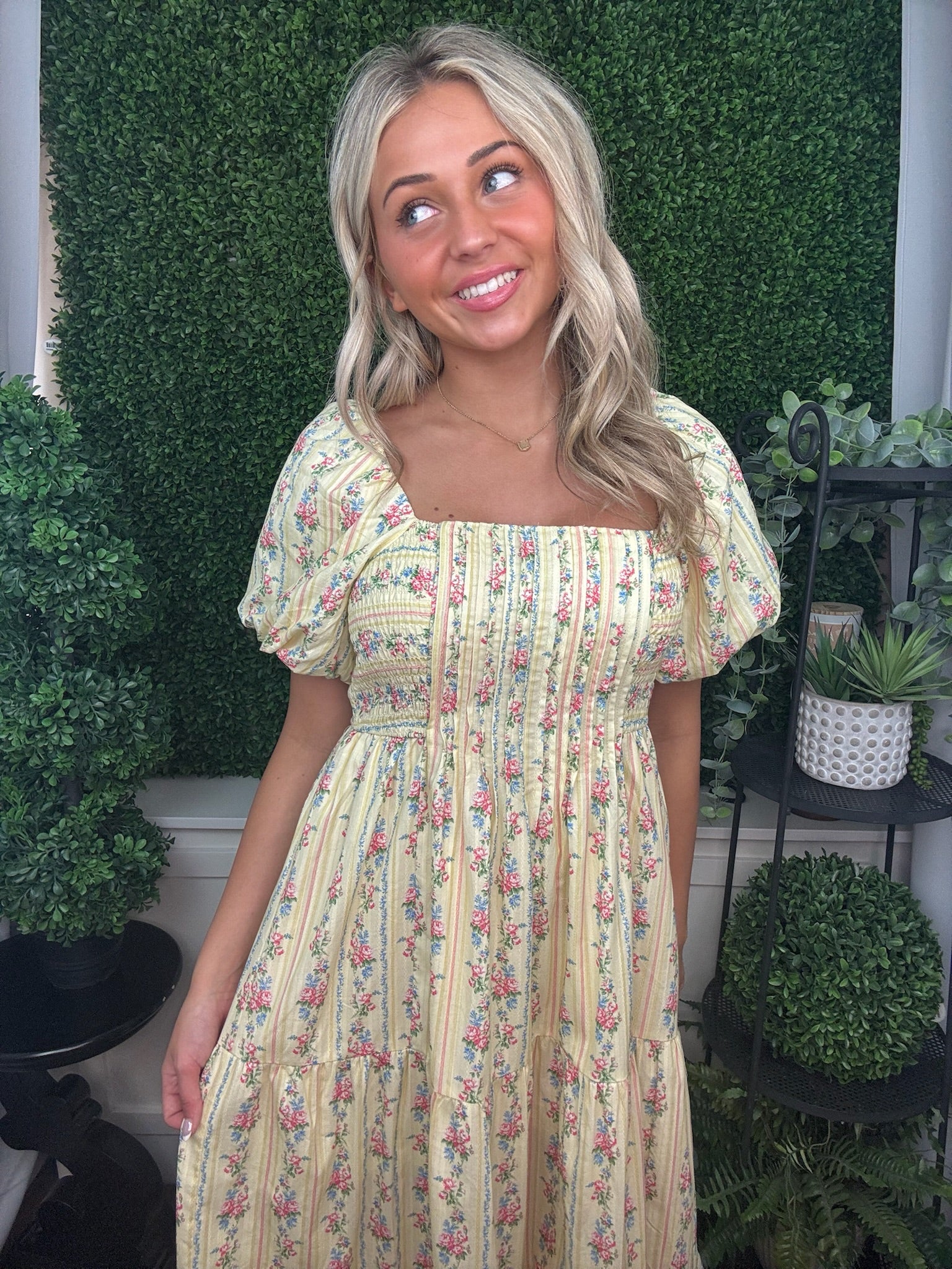 Floral Smocked Puff Sleeve Midi Dress