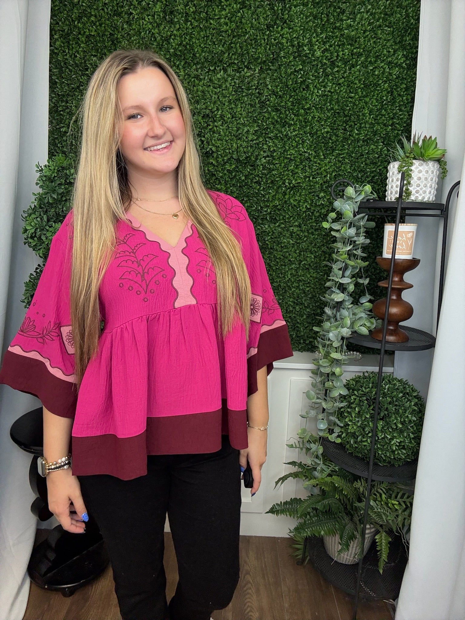 COLORBLOCK AIR FLOW OVERSIZED PEASANT BLOUSE - FUCHSIA COMBO