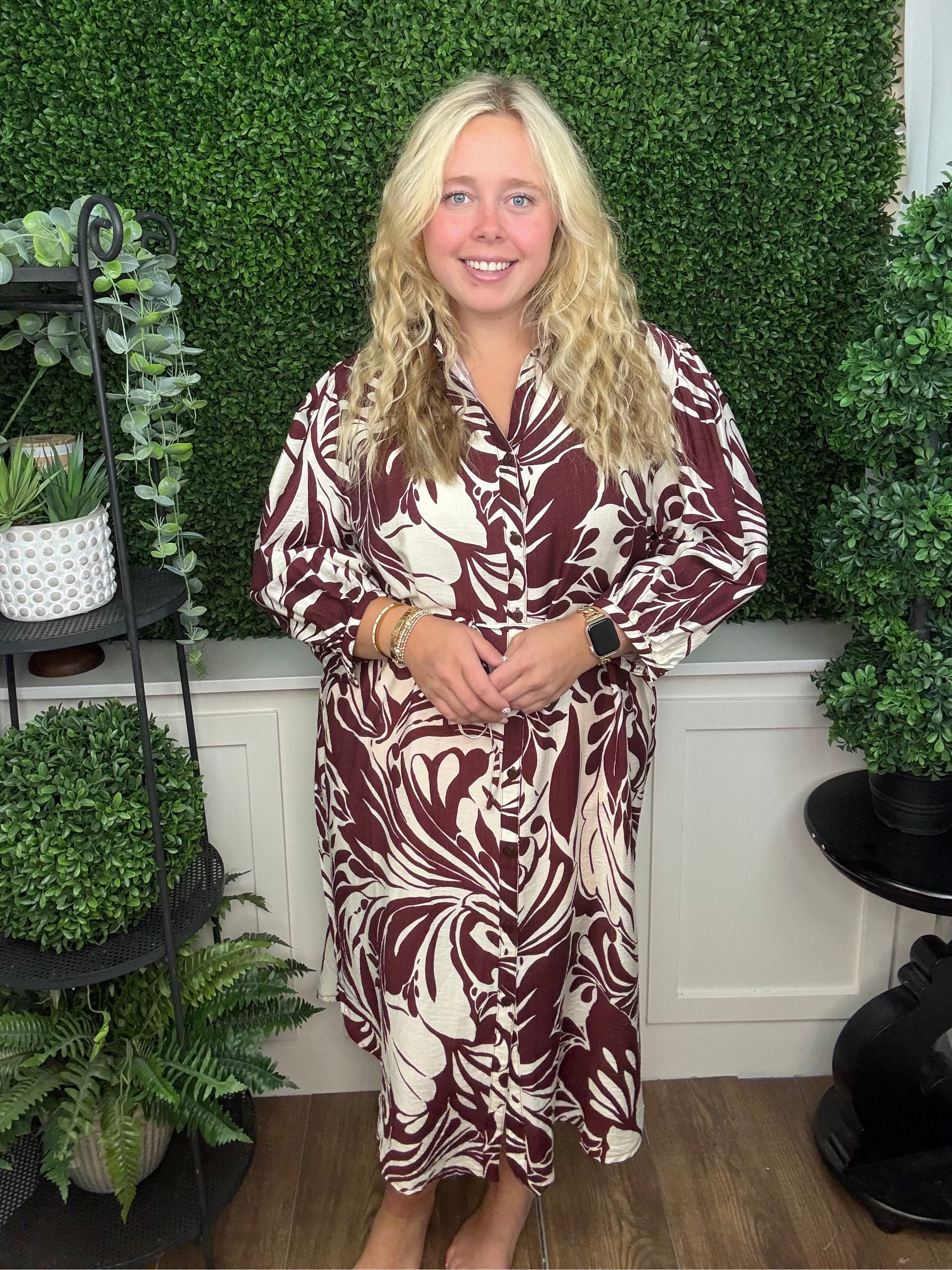 LINIQUE 3/4 BALLOON SLEEVE LEAF BUTTON DOWN DRESS - WINE