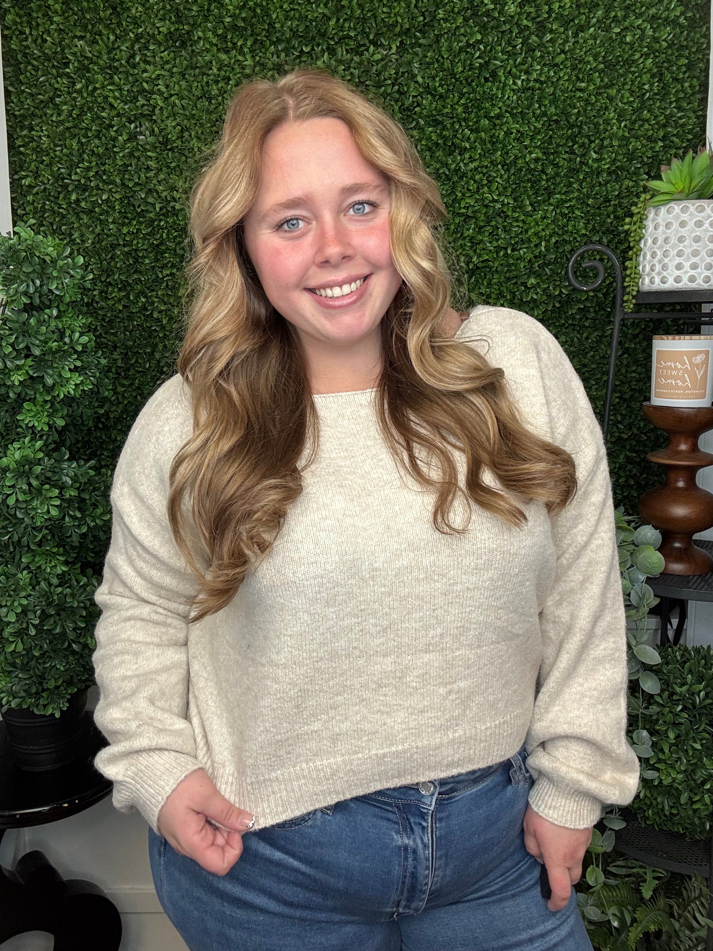 STRIPE SIDE TIE SHORT SLEEVE KNIT SWEATER - OATMEAL