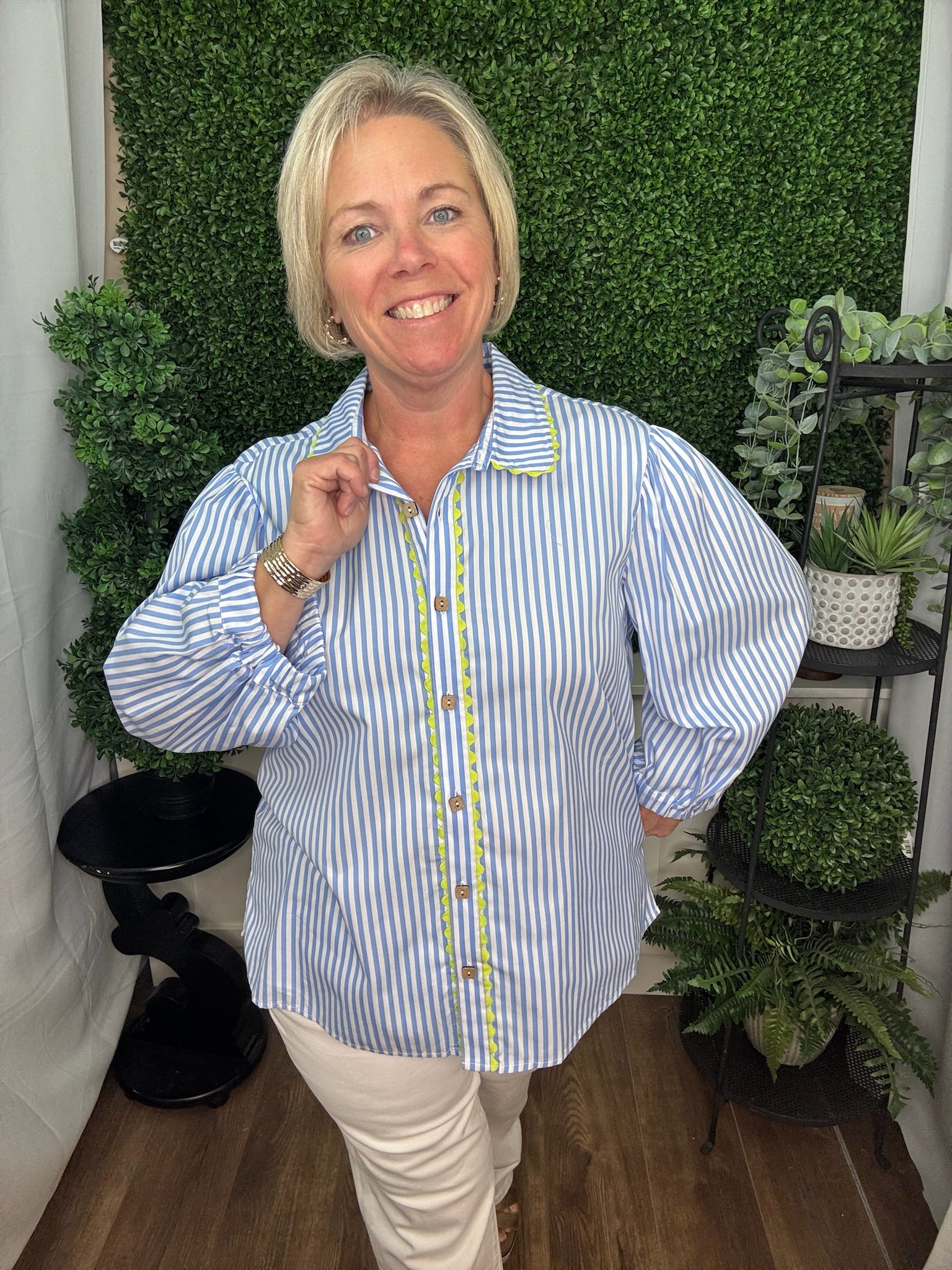 WOVEN BUTTON FRONT W/RICK RACK TRIM DETAILS - BLUE STRIPE