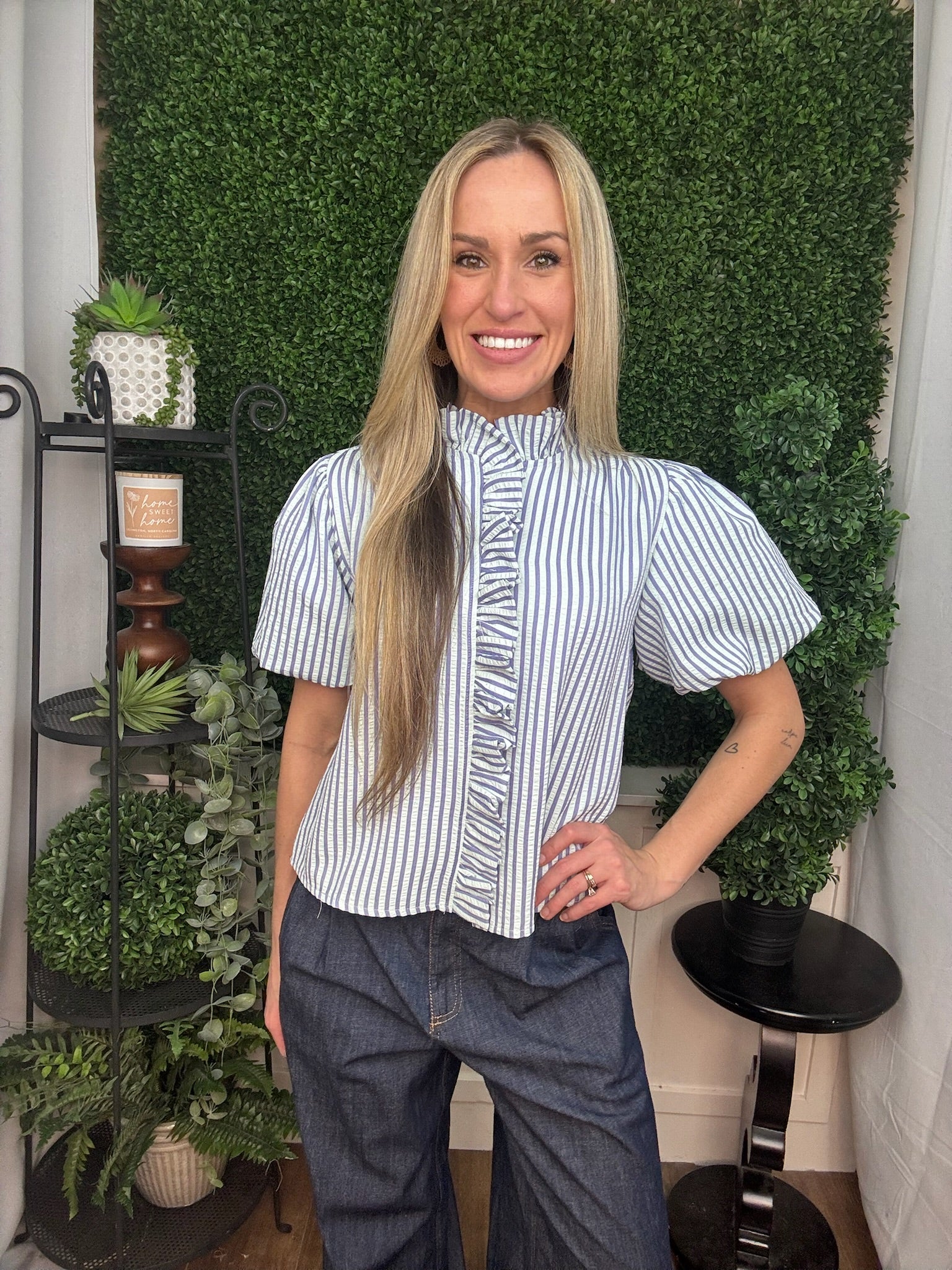 Seafom Stripe Ruffle Front Blouse