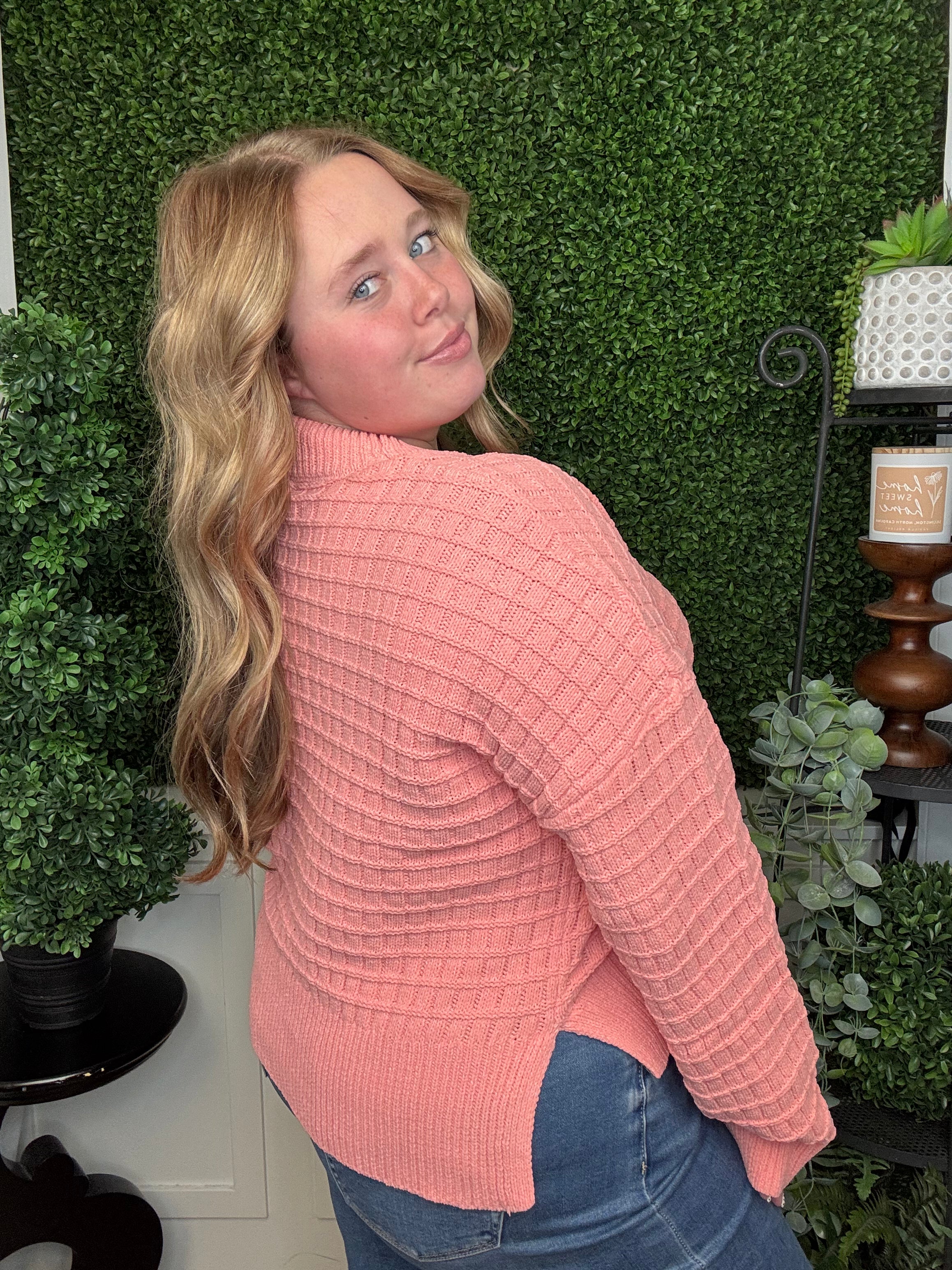 OVERSIZED SOLID CASUAL KNIT SWEATER TOP - CORAL