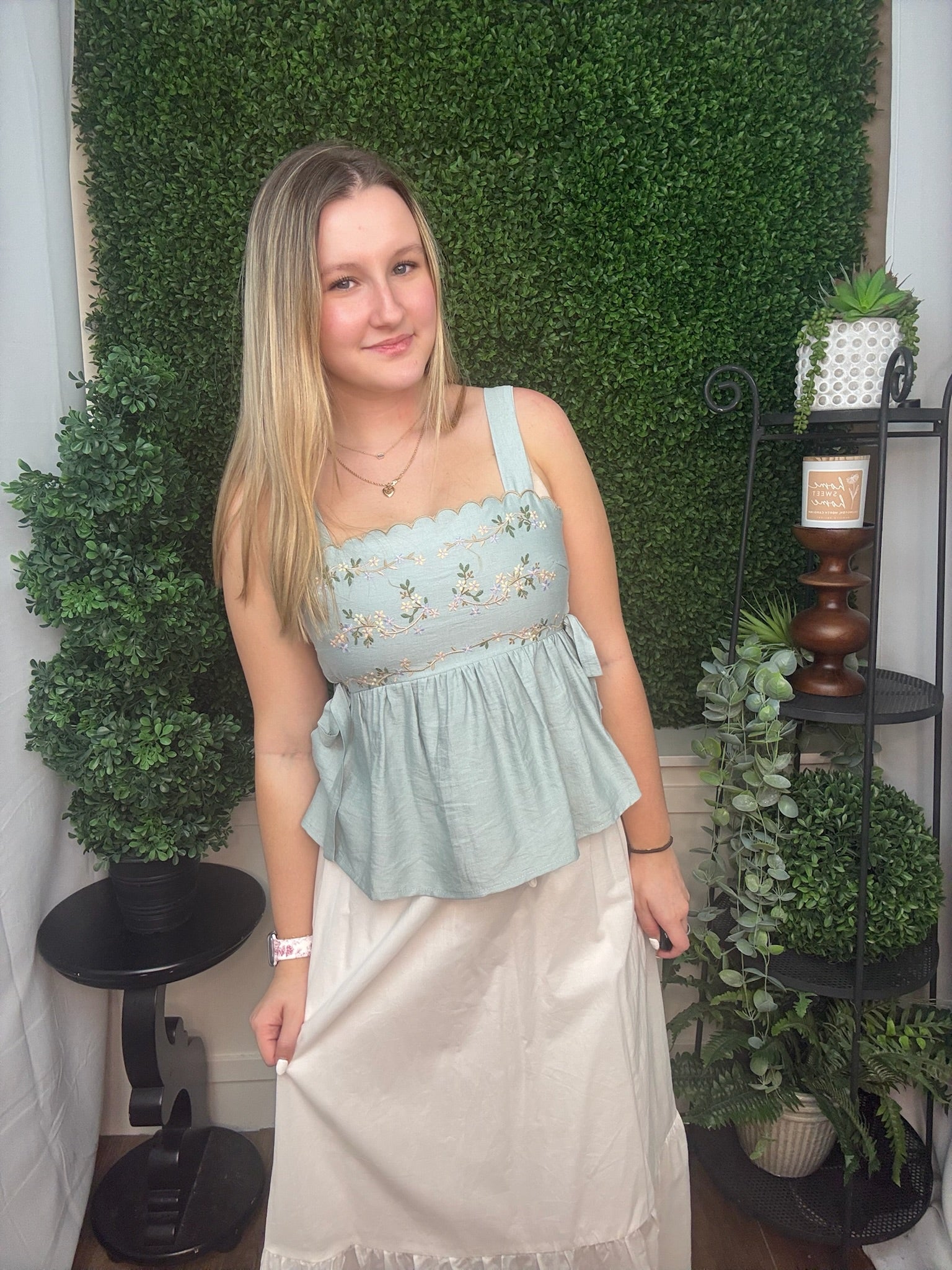 Embroidered Scallop Trim Peplum Top