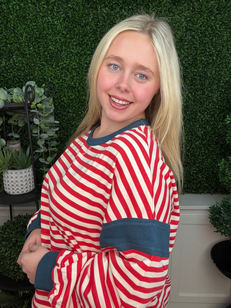 STRIPED COLOR BLOCK POCKET SWEATSHIRT - RED CREAM/ PINK LAVENDER/ ROYAL BLUE OAT