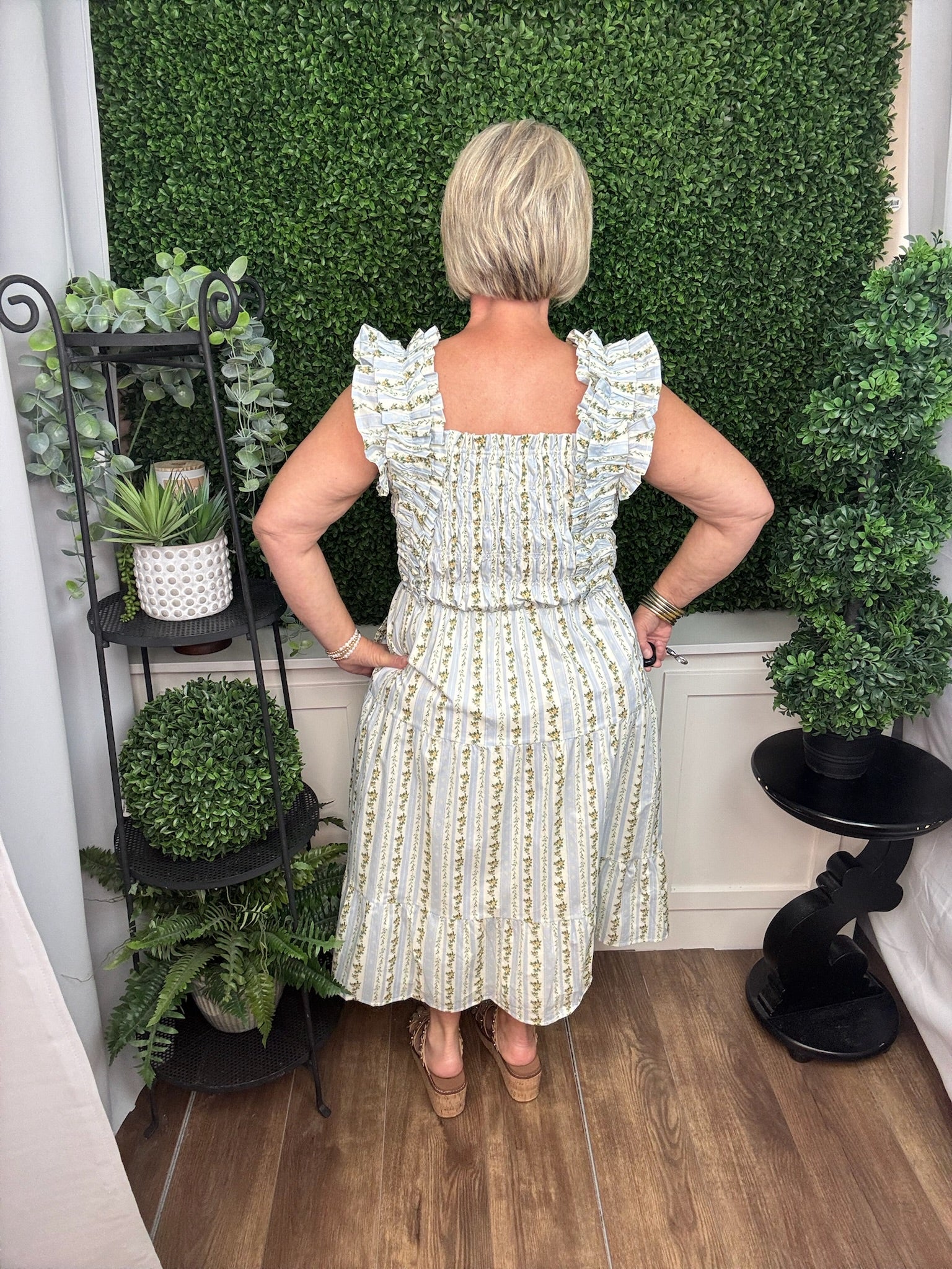 Vintage-Inspired Floral Smocked Midi Dress with Ruffle Strap Detail