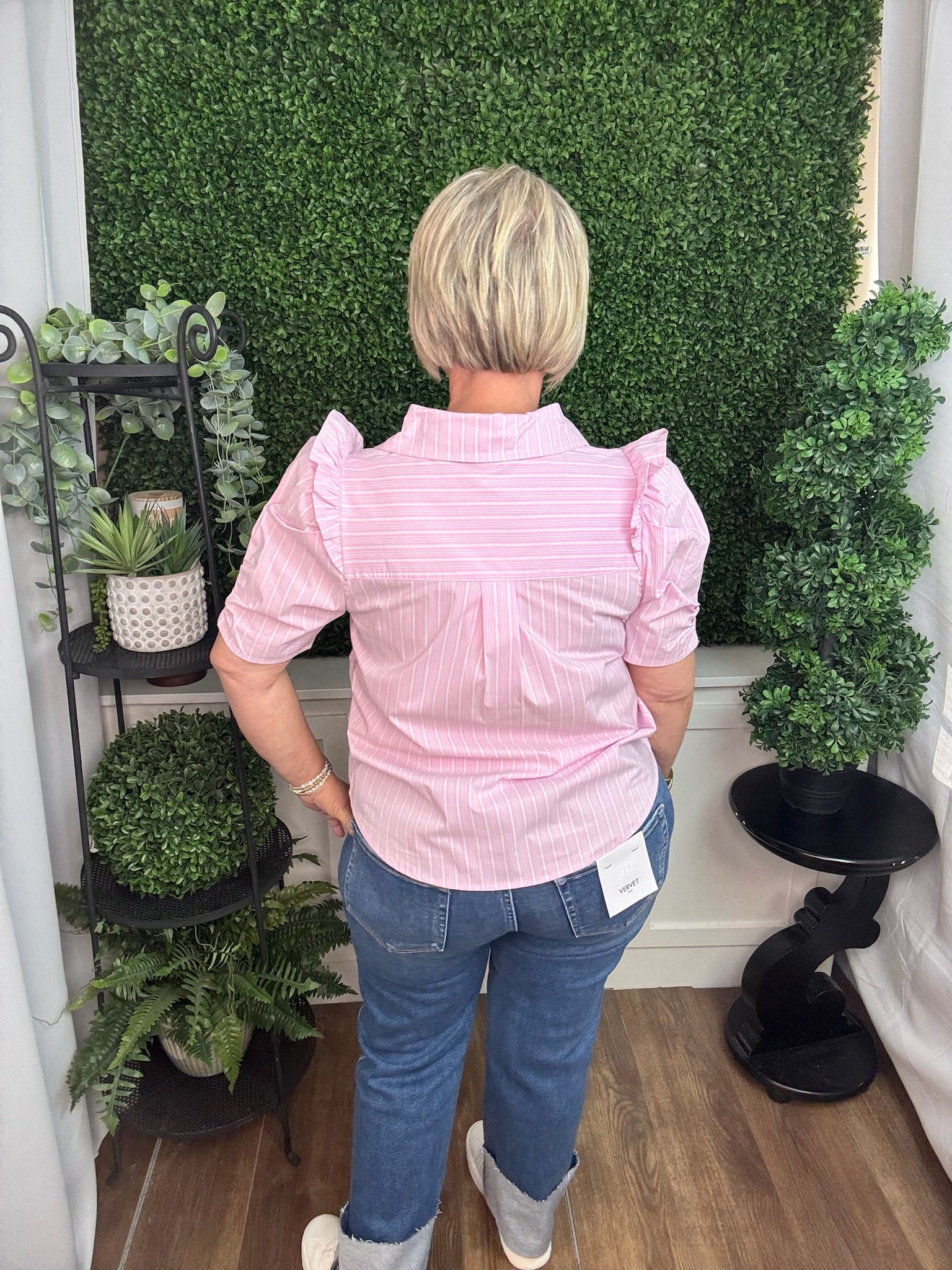 Pink Stripe Puff Sleeve Button-Up Top