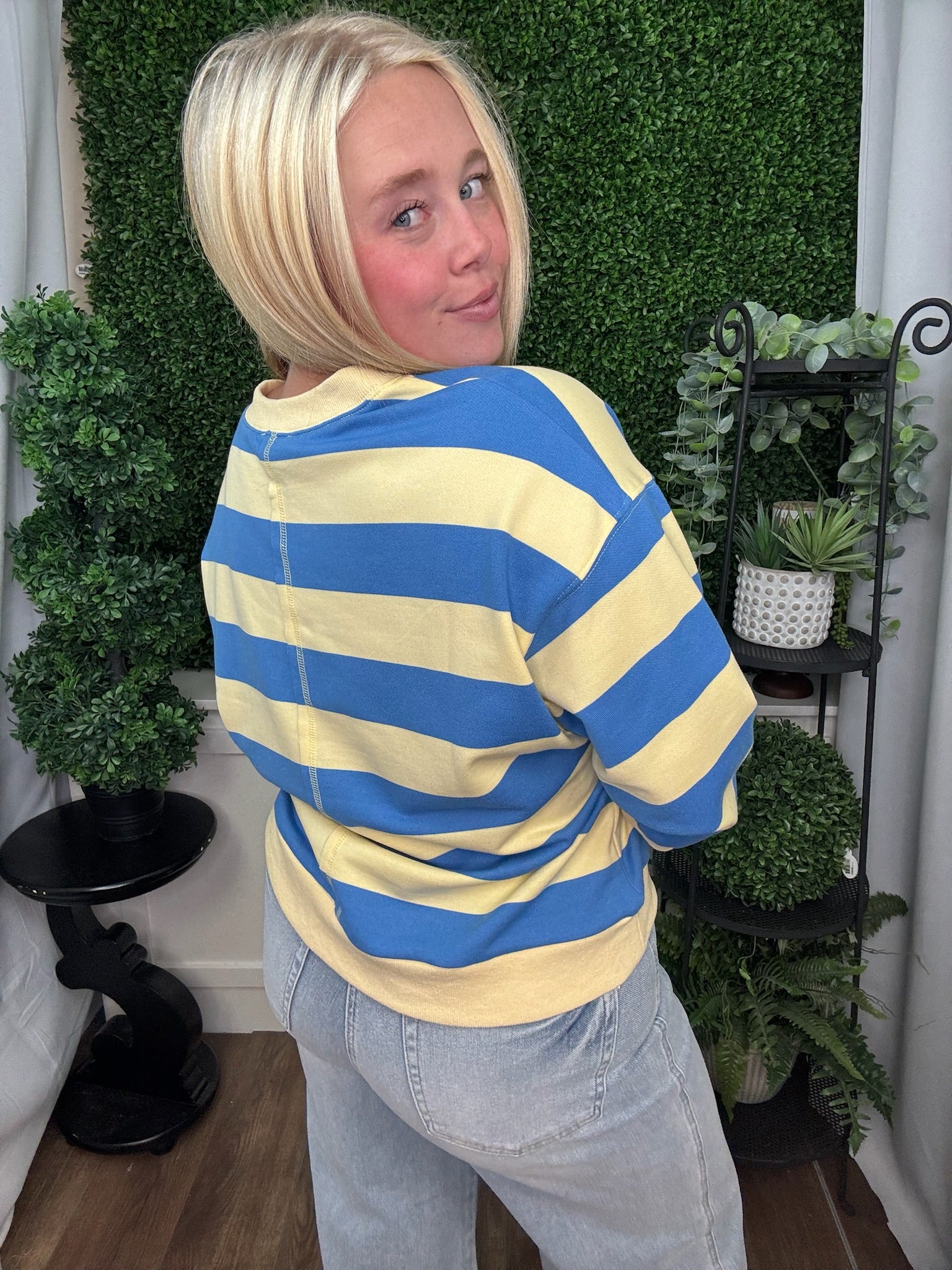 Blue and Yellow Striped Cropped Sweatshirt