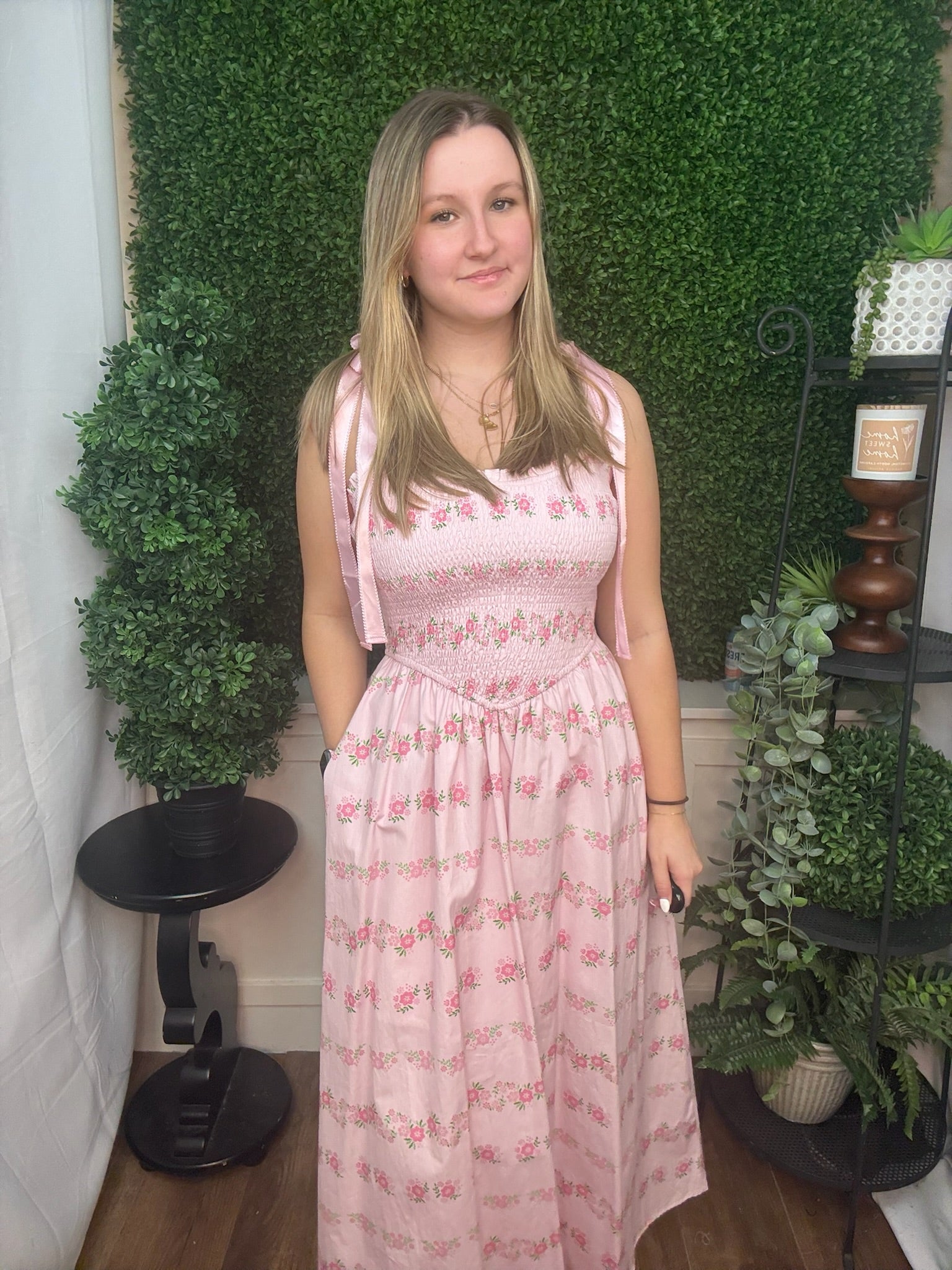 Blush Floral Smocked Midi Dress