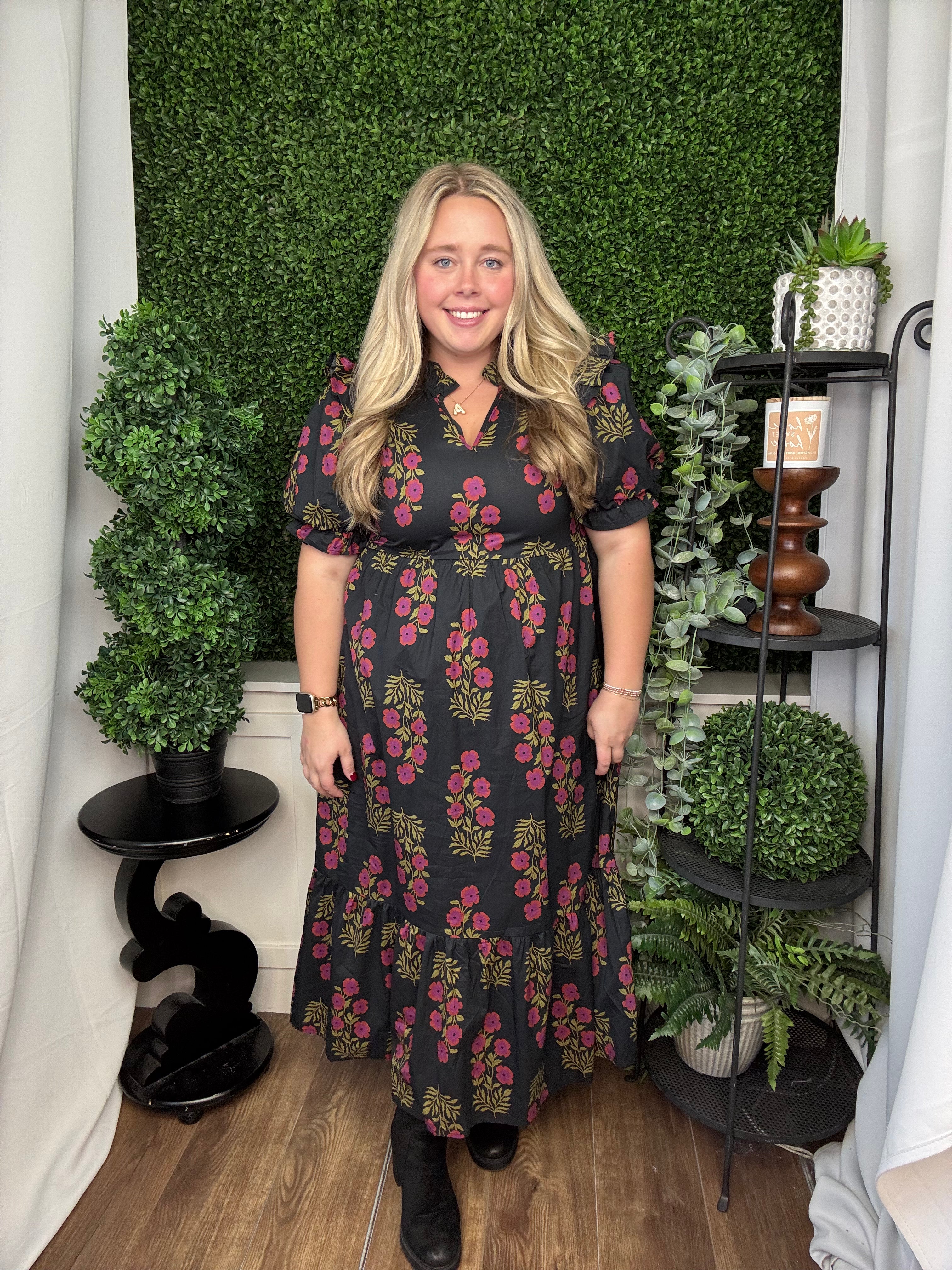 FLORAL PRINT SHORT PUFF SLEEVE MIDI DRESS