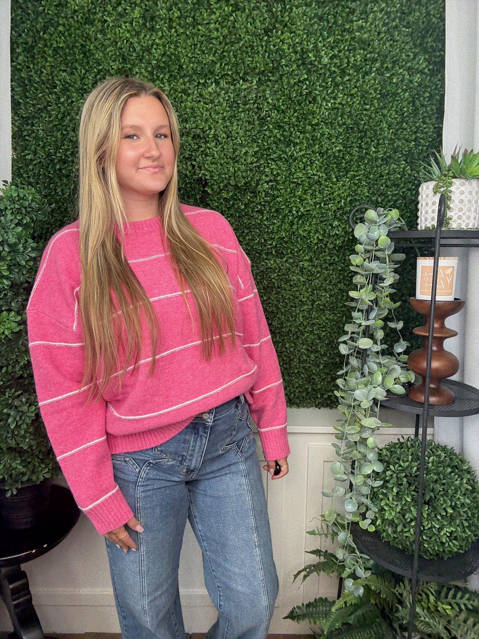 STRIPE PATTERN DROP SHOULDER SWEATER - PINK MULTI