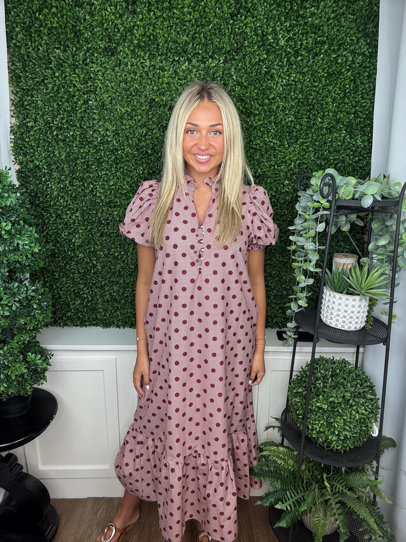 POLKA DOT PUFF SLEEVE DRESS - BURGUNDY