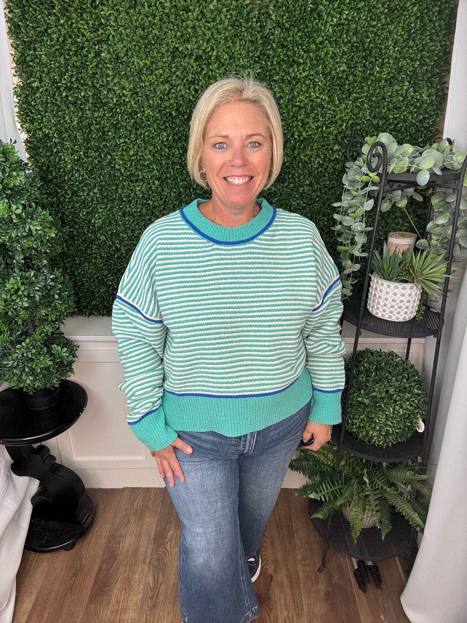 STRIPED CONTRAST TRIM CREW NECK SWEATER - SEA FOAM